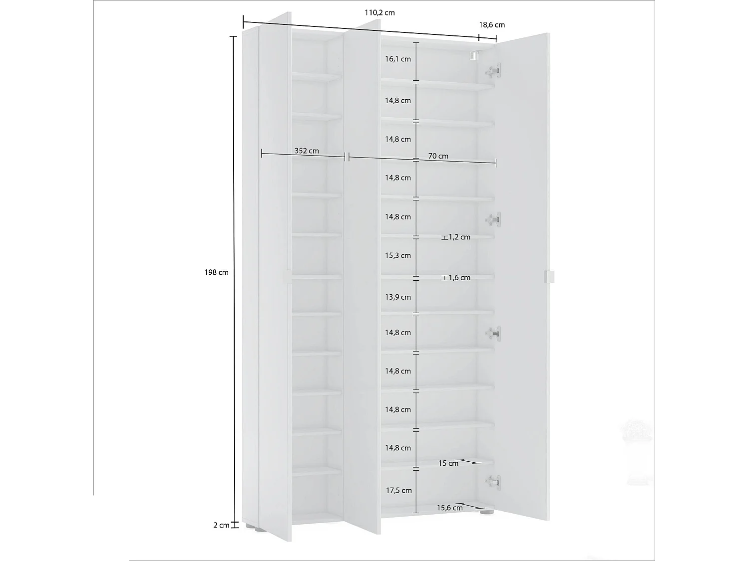 Grande armoire polyvalente Dfoscarin, Meubles multifonctionnels, Casier à chaussures, Support à chaussures pour armoire, Made in Italy, 11x19h200 cm, Blanc brillant