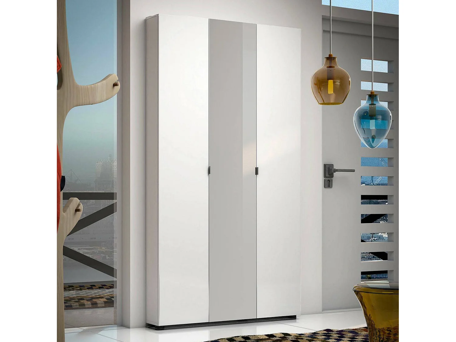 Dfoscarin grote multifunctionele kledingkast, Multifunctionele kast, Schoenenkast, Schoenenkast, Made in Italy, 11x19h200 cm, Glanzend wit