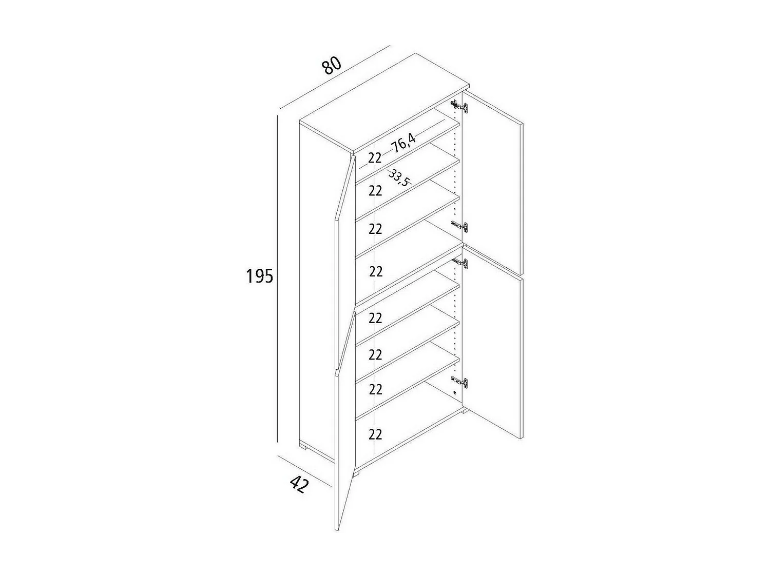 Grande armoire polyvalente Dbalestr, Étagère à chaussures avec étagères réglables, Meuble à chaussures avec 4 portes, 100% Made in Italy, 80x37h195 cm, Olmo
