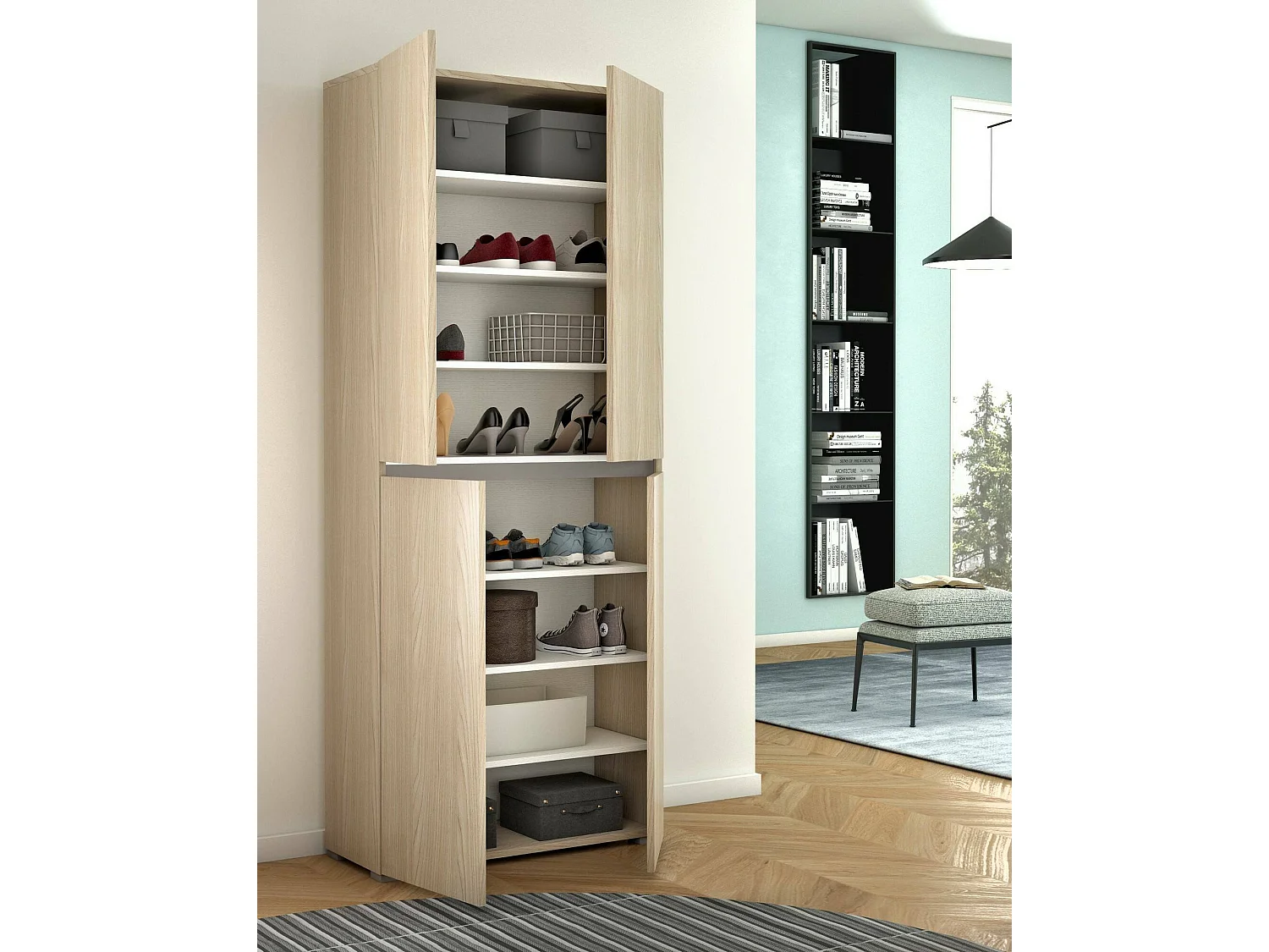 Grande armoire polyvalente Dbalestr, Étagère à chaussures avec étagères réglables, Meuble à chaussures avec 4 portes, 100% Made in Italy, 80x37h195 cm, Olmo
