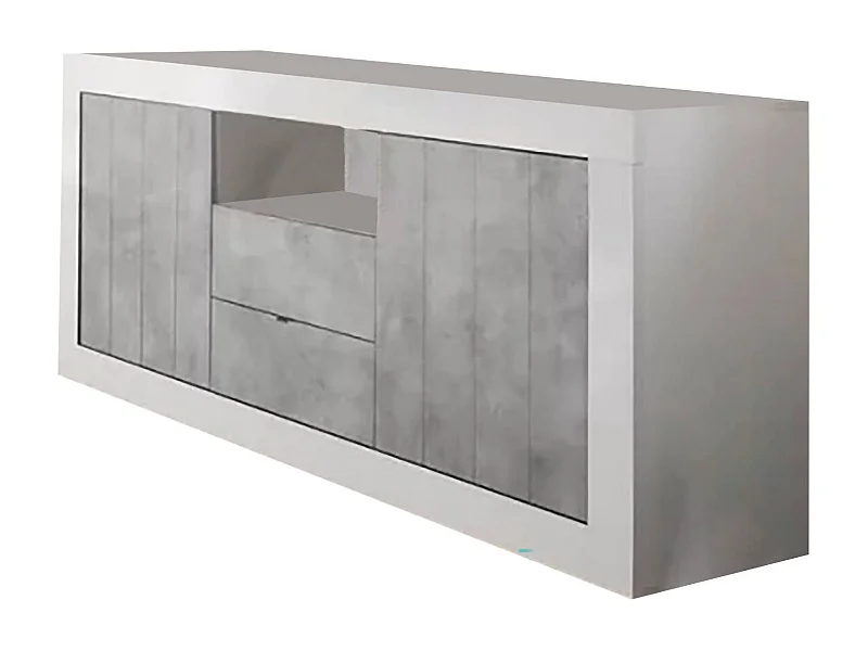 Aparador Ddaniel, Bufé de salón, Aparador de salón, Despensa de cocina, Made in Italy, 184x42 h86 cm, Blanco brillante y Cemento