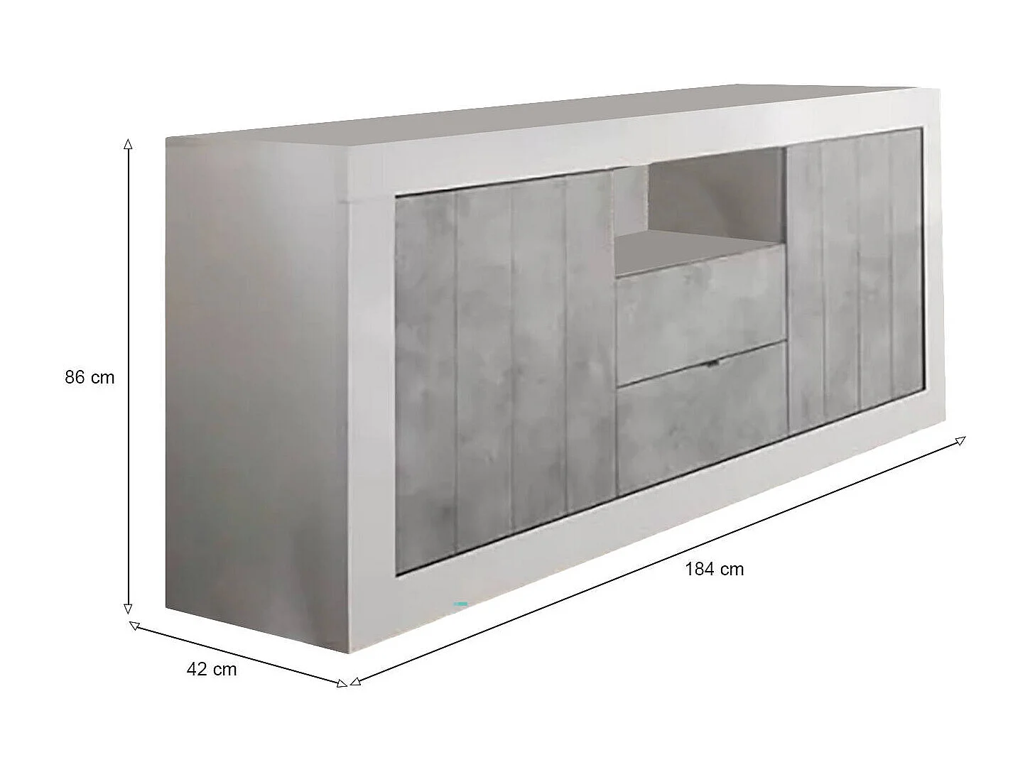 Buffet Ddaniel, Buffet du salon, Commode de salon, Garde-manger de cuisine, Made in Italy, 184x42 h86 cm, Blanc brillant et ciment