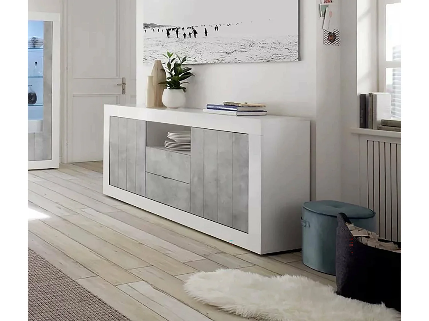 Buffet Ddaniel, Buffet du salon, Commode de salon, Garde-manger de cuisine, Made in Italy, 184x42 h86 cm, Blanc brillant et ciment