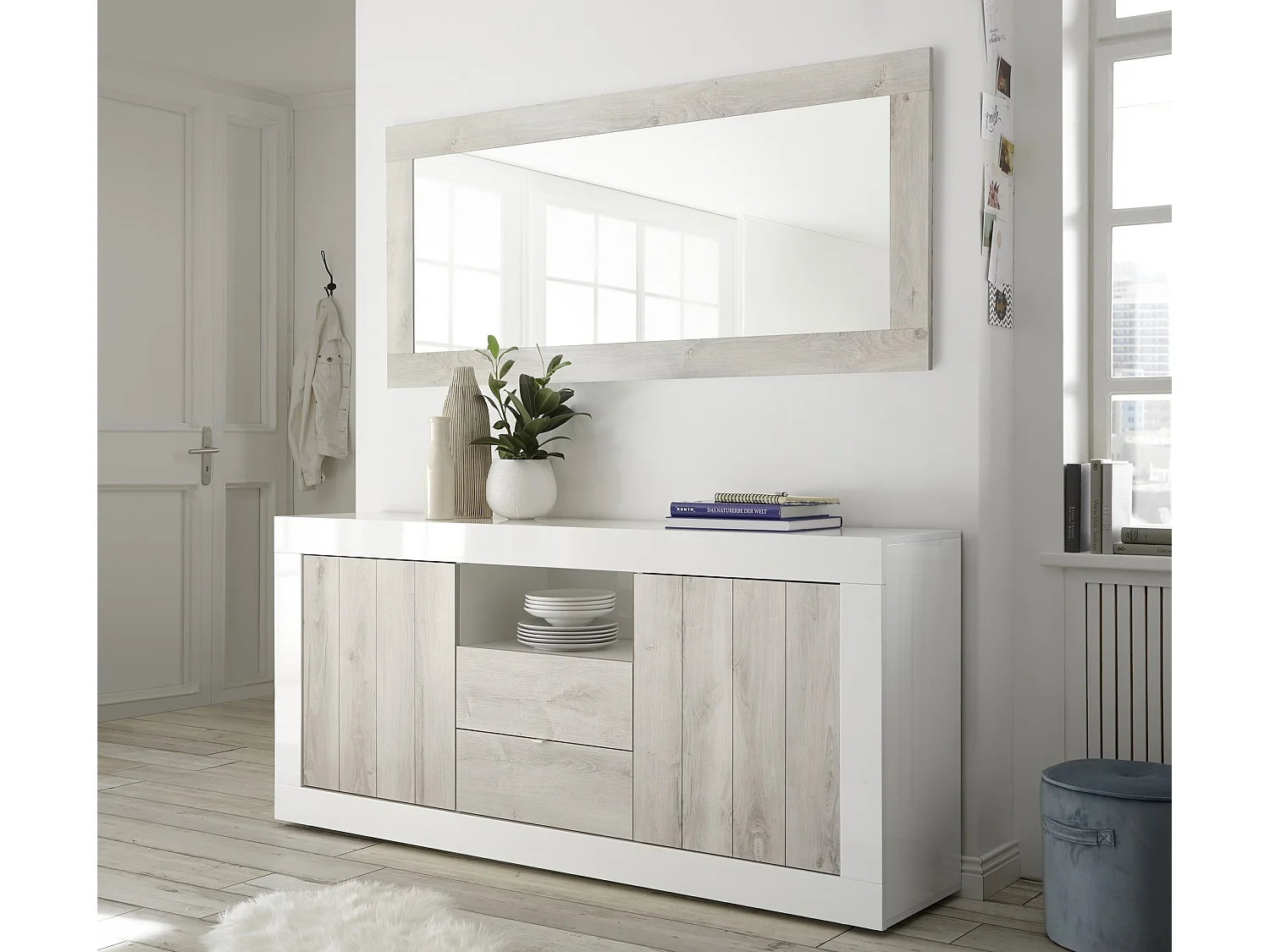 Buffet Ddaniel, Buffet du salon, Commode de salon, Garde-manger de cuisine, Made in Italy, 184x42 h86 cm, Blanc brillant et ciment