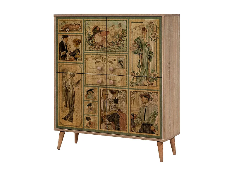 Buffet Dgiannin, Buffet du salon, Commode de salon, Garde-manger de cuisine, 95x36 h111 cm, Chêne et Multicolore