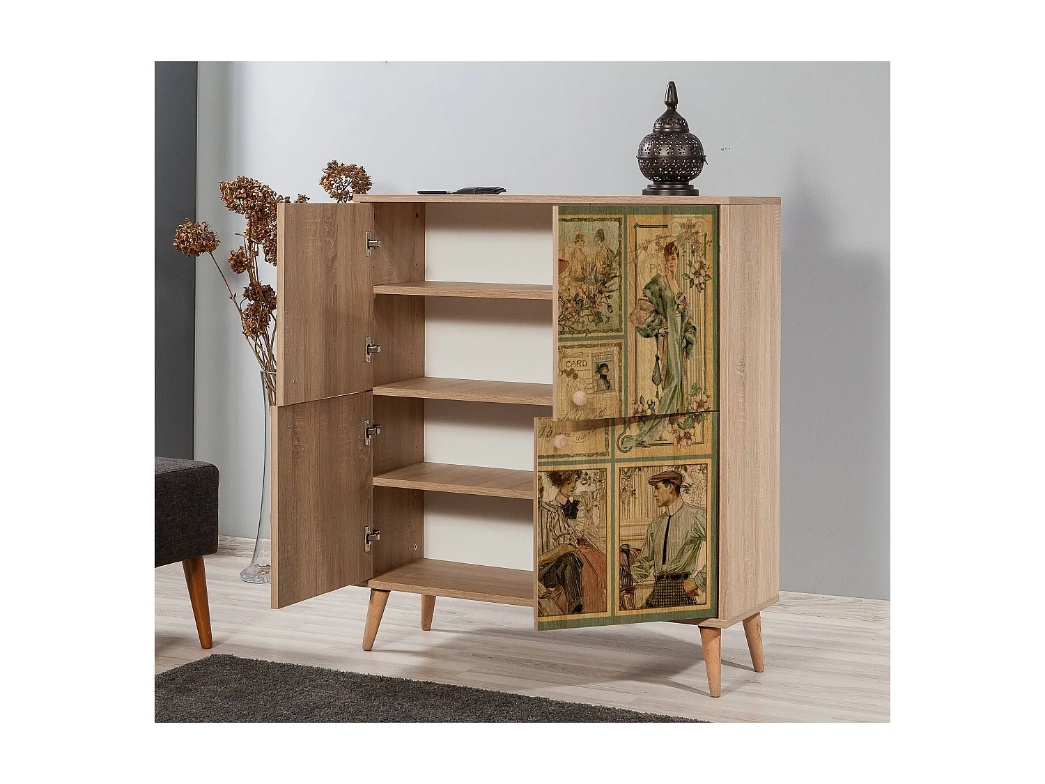 Buffet Dgiannin, Buffet du salon, Commode de salon, Garde-manger de cuisine, 95x36 h111 cm, Chêne et Multicolore