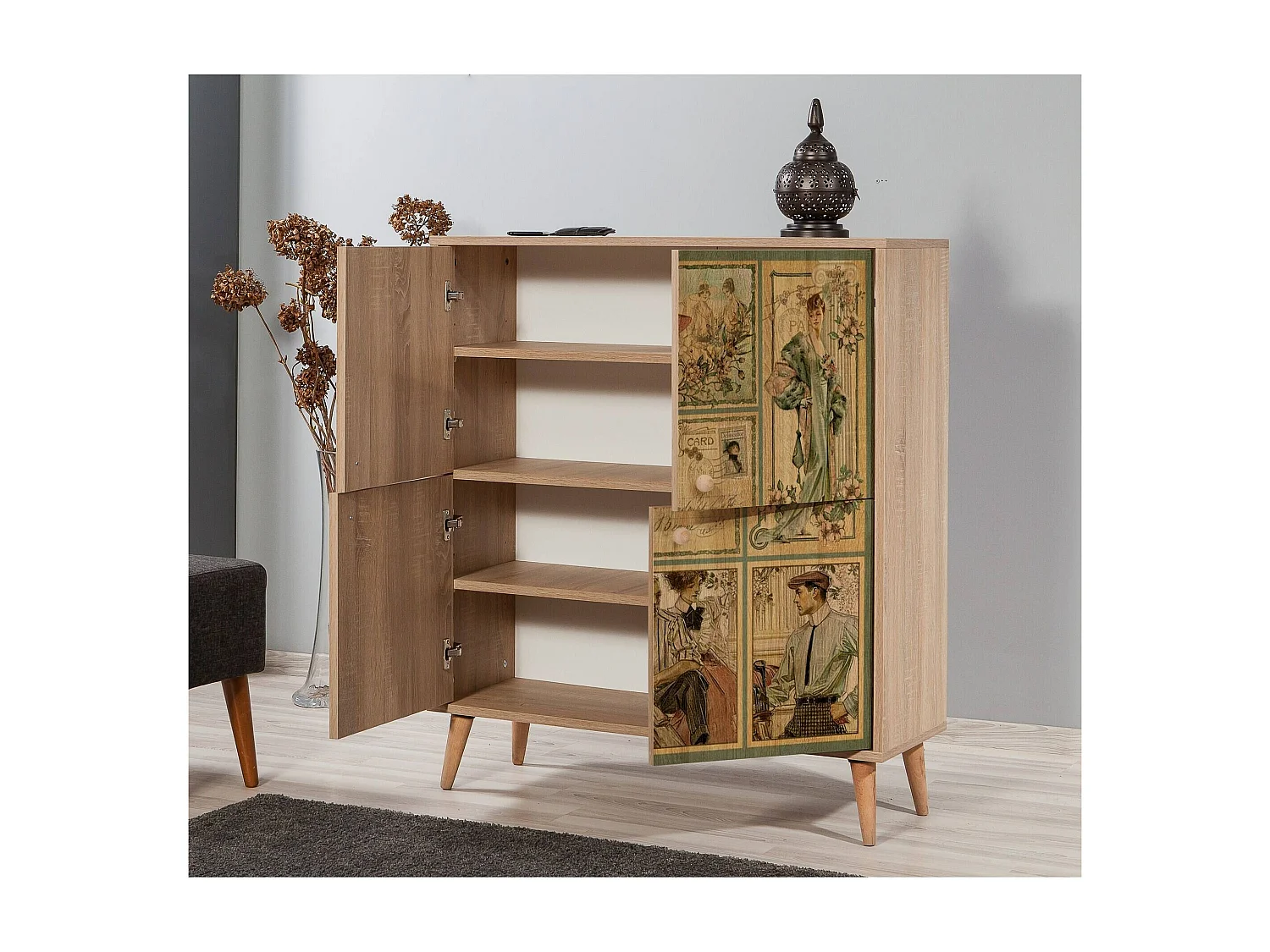 Buffet Dgiannin, Buffet du salon, Commode de salon, Garde-manger de cuisine, 95x36 h111 cm, Chêne et Multicolore