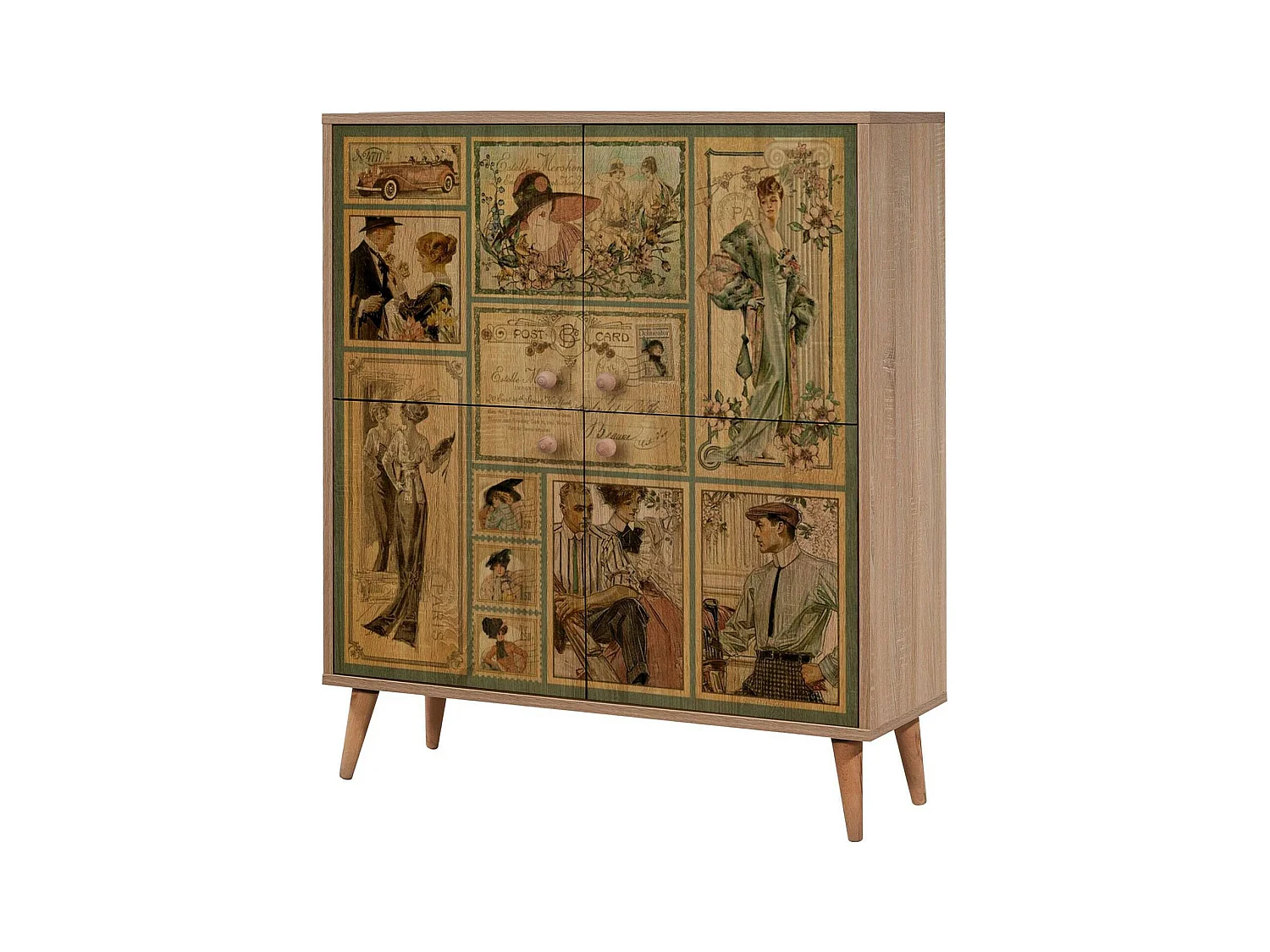 Dgiannin Dressoir, Woonkamerbuffet, Woonkamerdressoir, Keukenkast, 95x36 h111 cm, Eiken en Veelkleurig