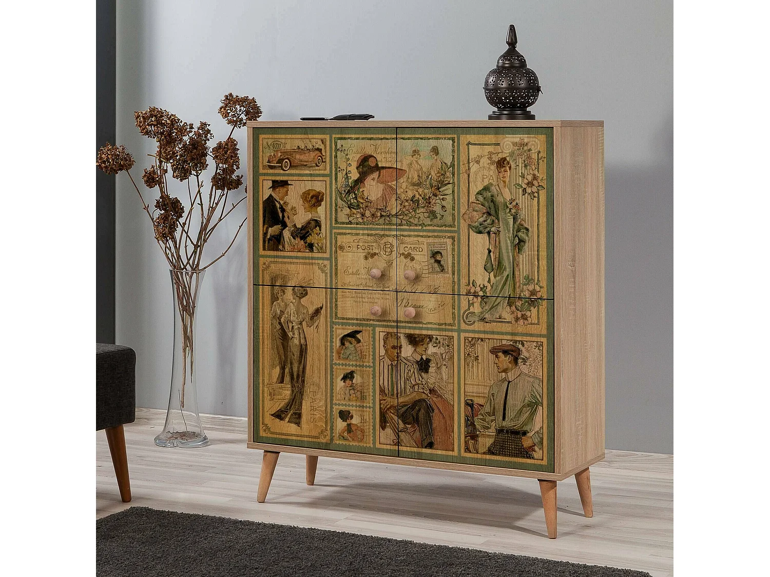 Dmora - Credenza Agyemang, 95x36 h111 cm, Quercia e Multicolore