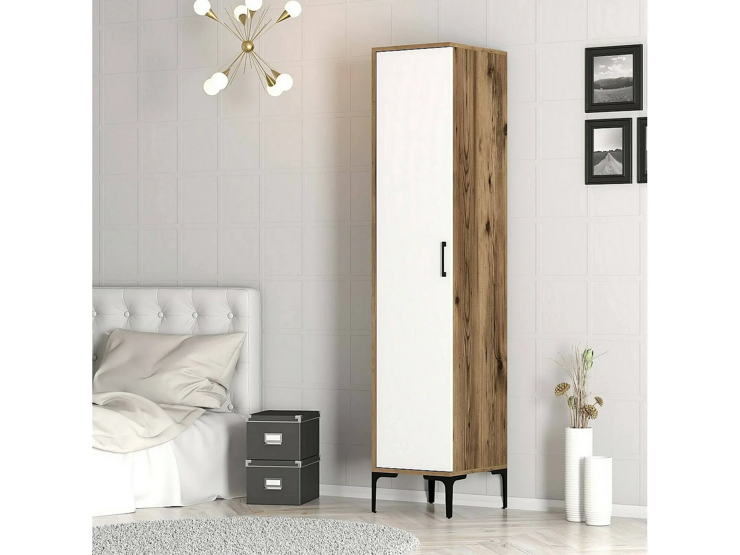 Armoire polyvalente 1 porte Dnuytinc, Meubles multifonctionnels, Casier à chaussures, Support à chaussures pour armoire, 40x201h48 cm, Noyer et Blanc