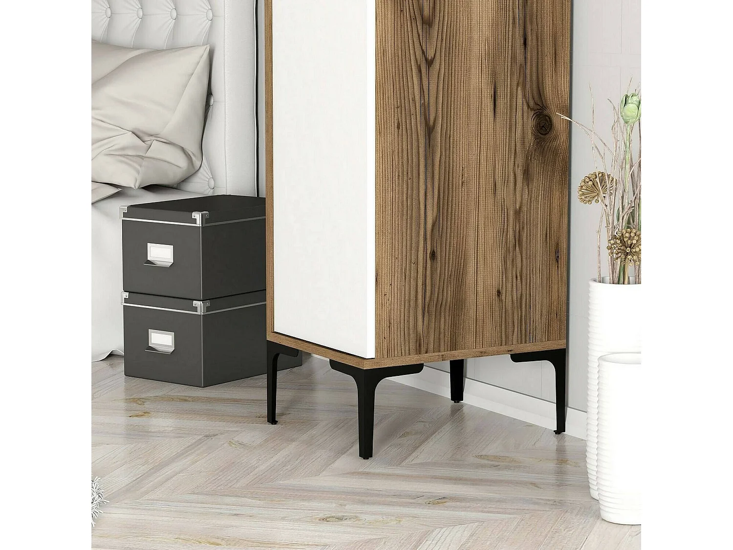 Dnuytinc multifunctionele kledingkast 1 deur, Multifunctionele kast, Schoenenkast, Schoenenkast, 40x201h48 cm, Walnoot en Wit