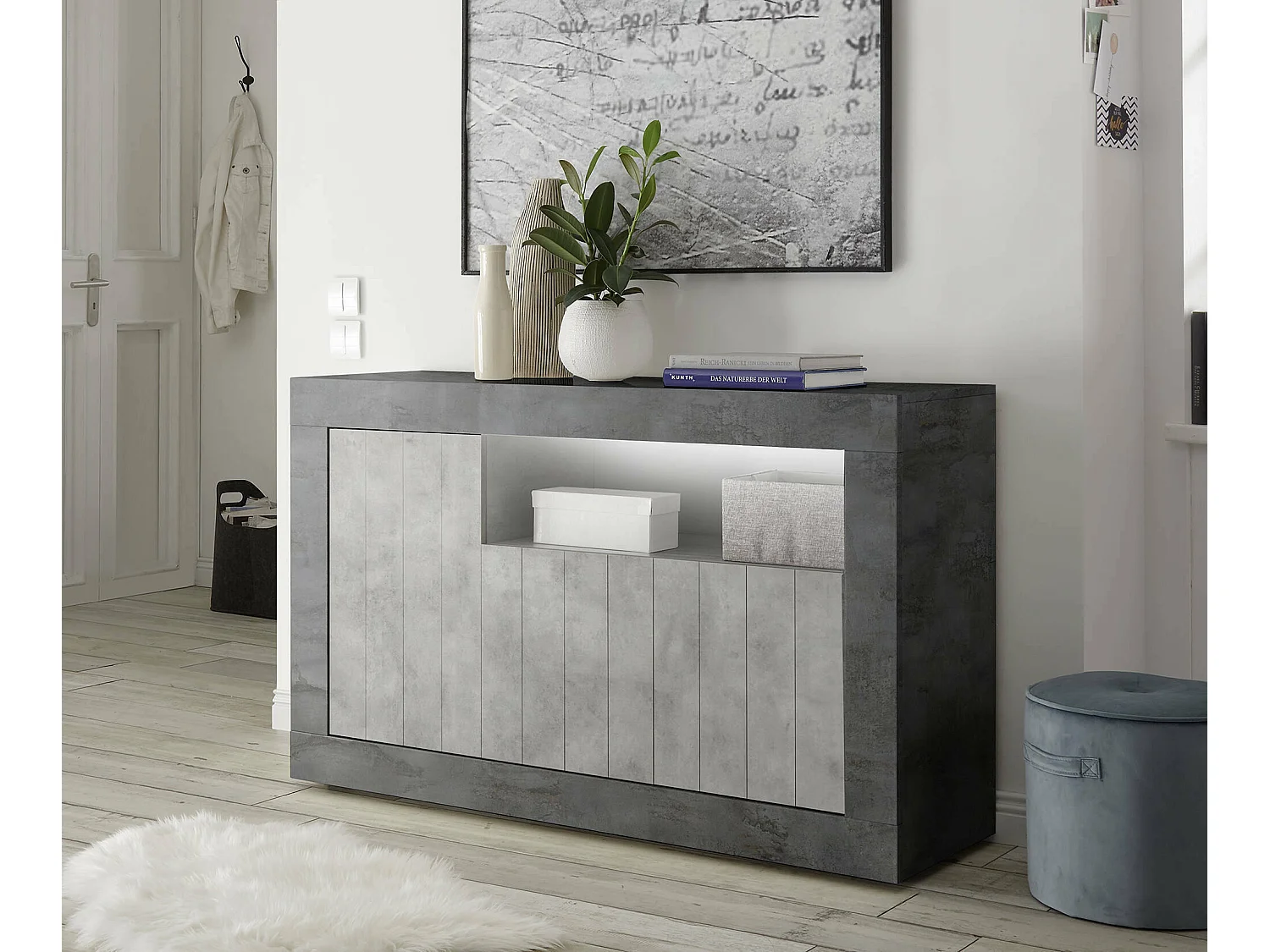 Buffet Diguodal, Buffet du salon, Commode de salon, Garde-manger de cuisine, Made in Italy, 138x42 h86 cm, Ardoise et Ciment