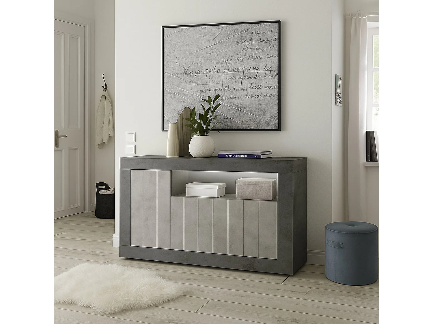 Buffet Diguodal, Buffet du salon, Commode de salon, Garde-manger de cuisine, Made in Italy, 138x42 h86 cm, Ardoise et Ciment