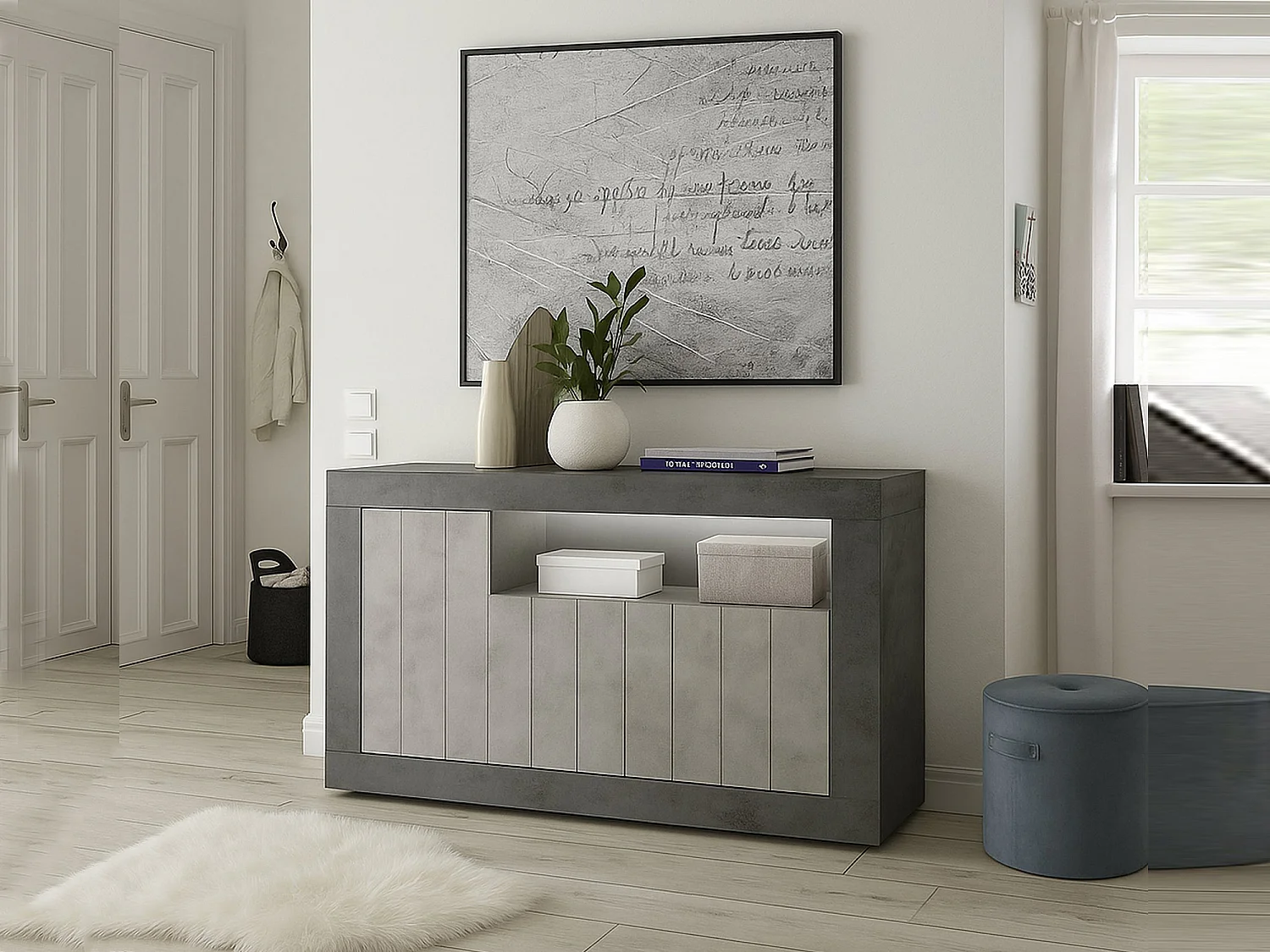 Kommode Diguodal, Wohnzimmerbuffet, Wohnzimmer-Sideboard, Moderne Küchen-Speisekammer, Made in Italy, 138x42 h86 cm, Schiefer und Zement