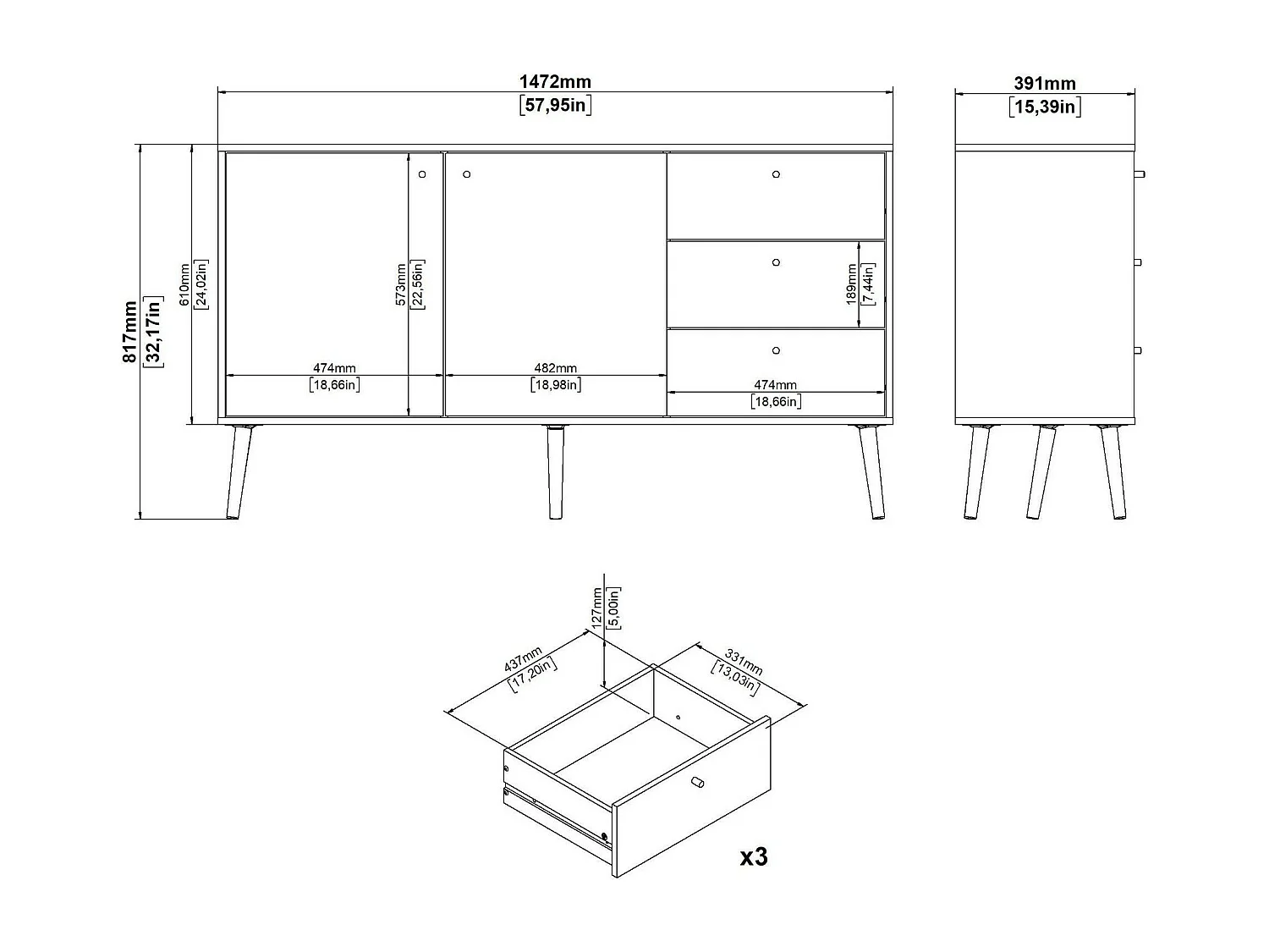 Dsann dressoir, Woonkamerbuffet, Woonkamerdressoir, Keukenkast, 147x39 h82 cm, Grijs