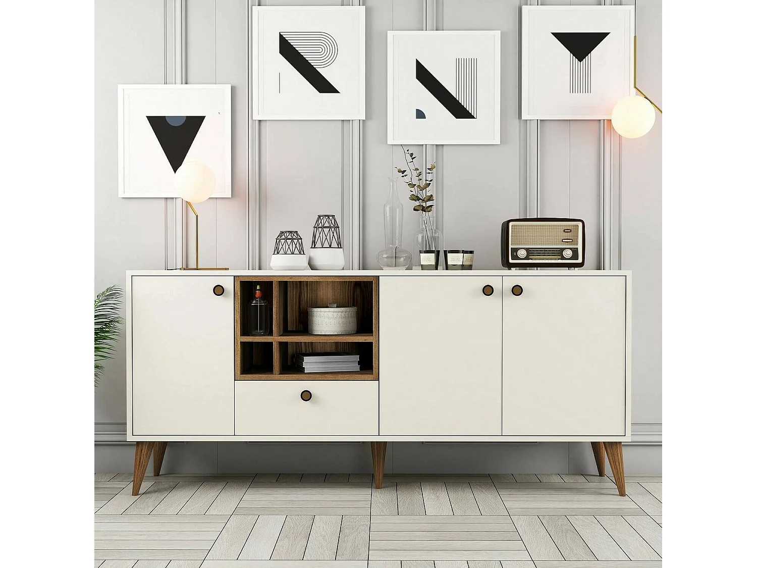 Kommode Dmariniell, Wohnzimmerbuffet, Wohnzimmer-Sideboard, Moderne Küchen-Speisekammer, 180x35 h81 cm, Creme