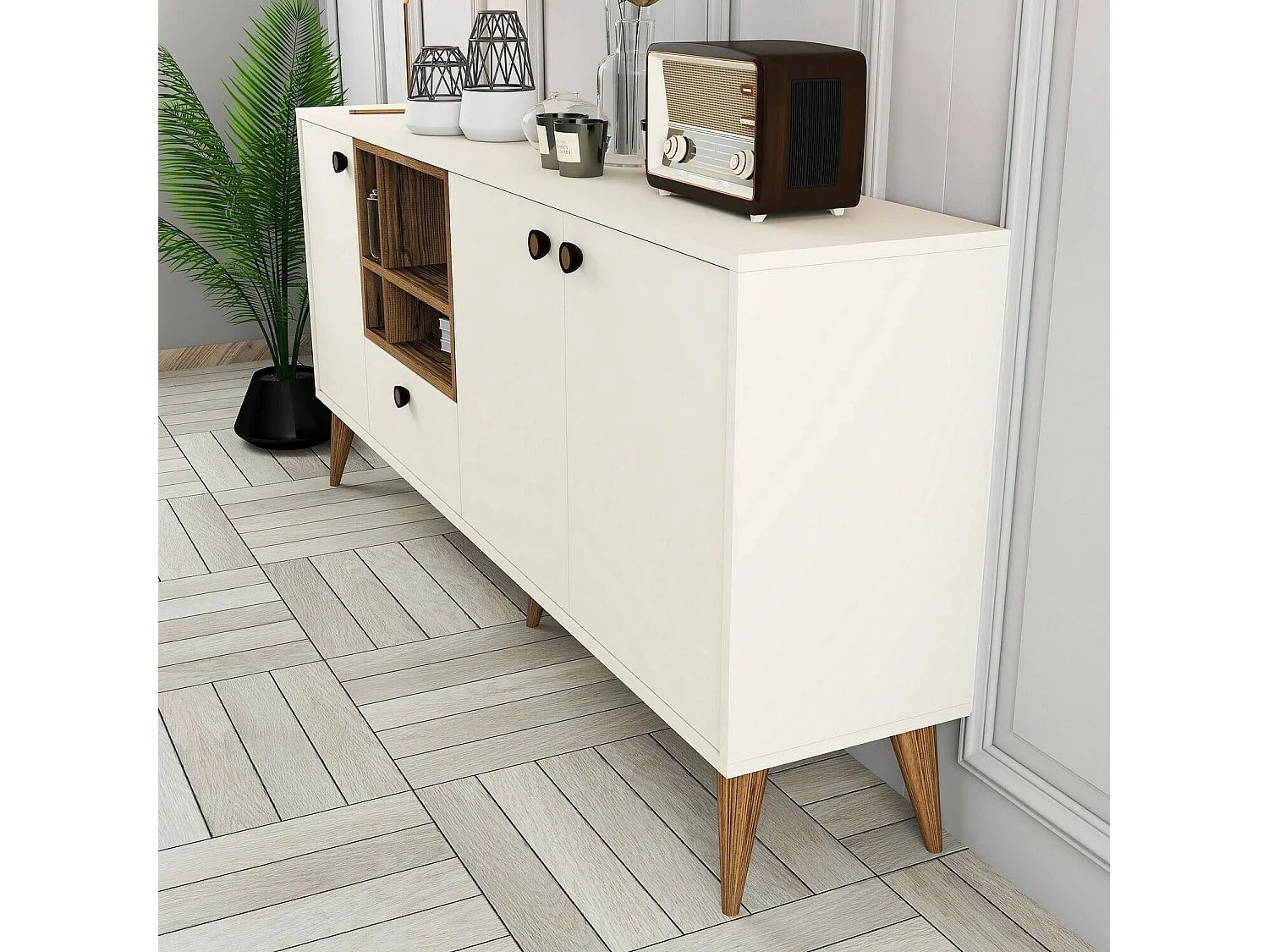 Kommode Dmariniell, Wohnzimmerbuffet, Wohnzimmer-Sideboard, Moderne Küchen-Speisekammer, 180x35 h81 cm, Creme