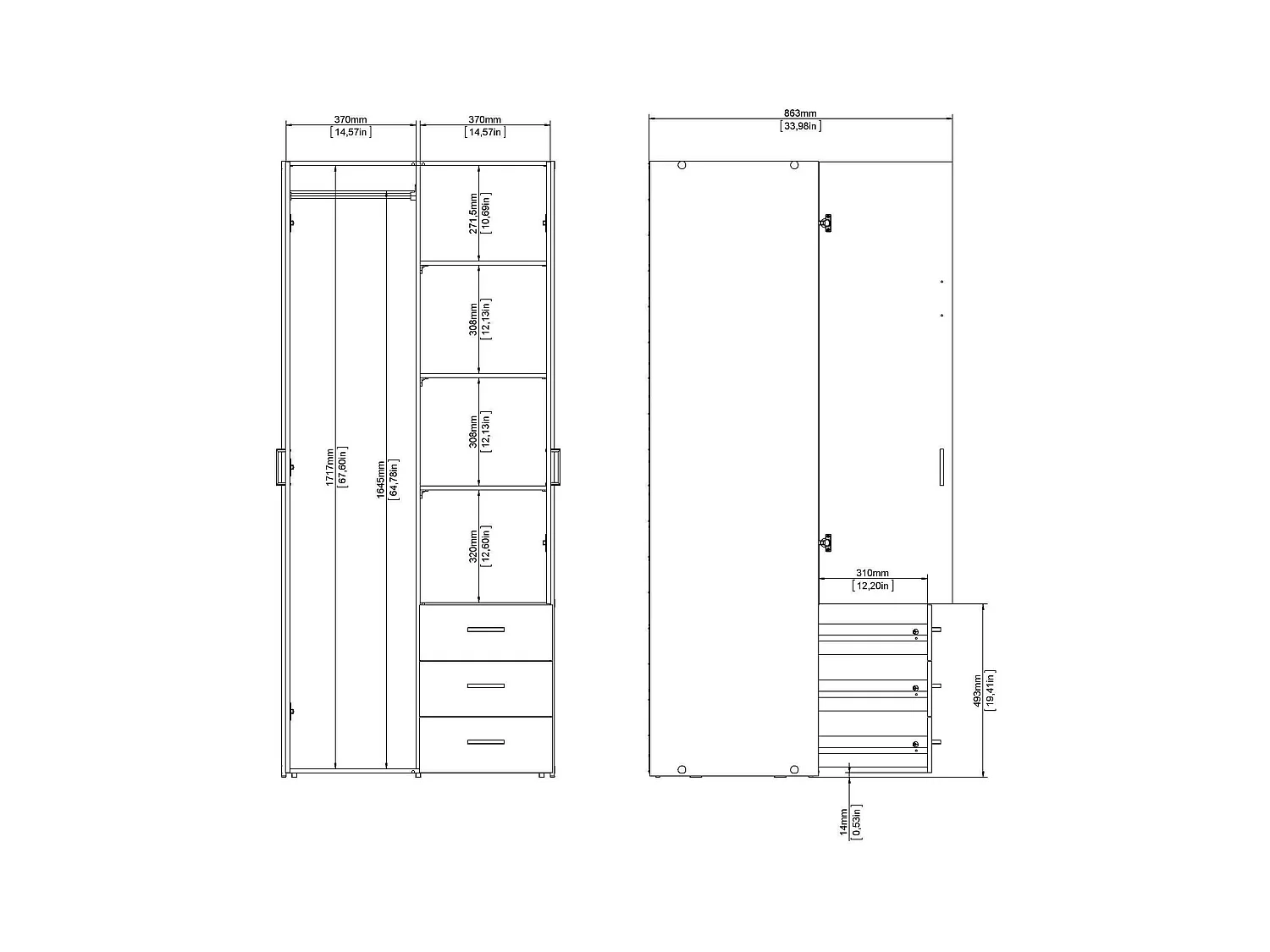 Garde-robe 2 portes Dscurt, Meubles de chambre, Penderie de plain-pied, Placard à vêtements, 77x49 h175 cm, Blanc