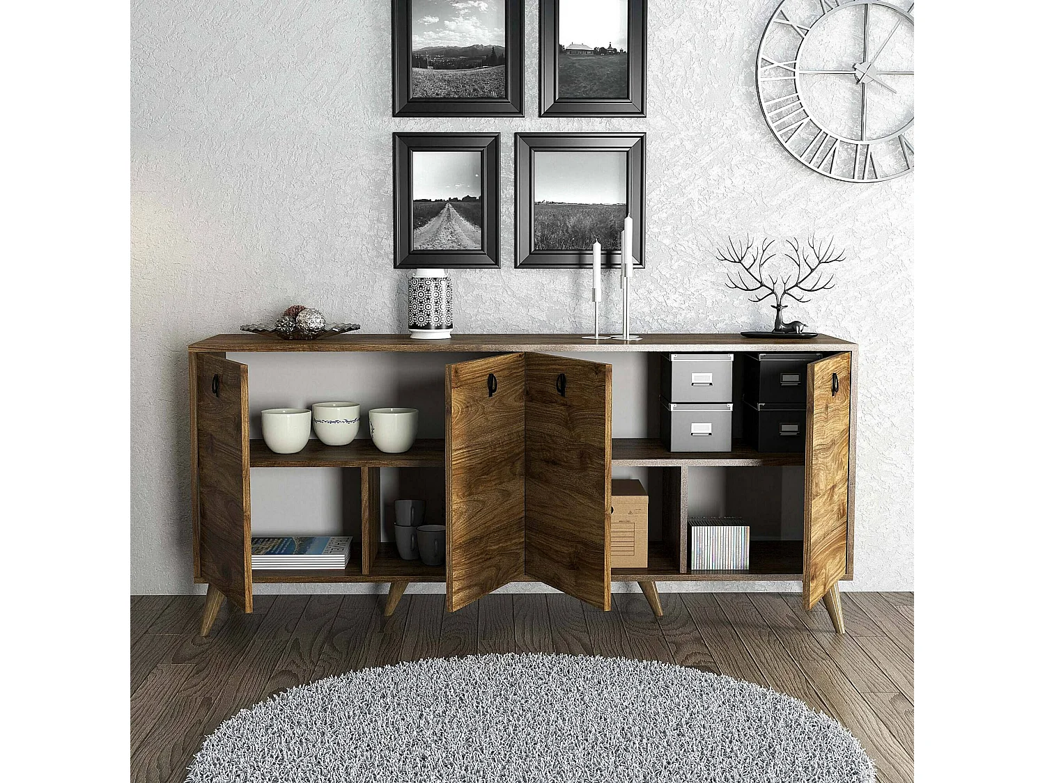 Kommode Dmutarell, Wohnzimmerbuffet, Wohnzimmer-Sideboard, Moderne Küchen-Speisekammer, 180x45 h80 cm, Nussbaum