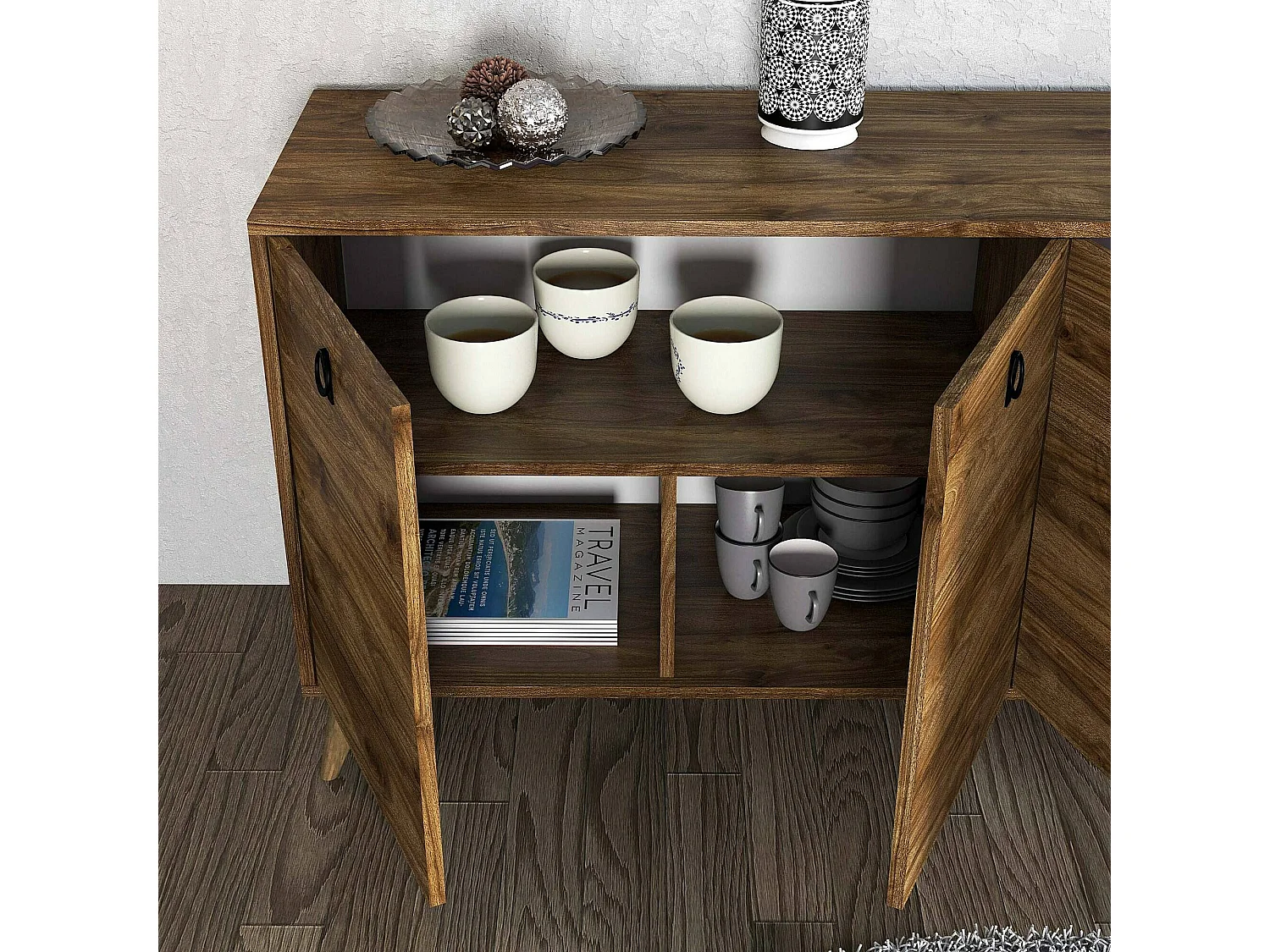 Kommode Dmutarell, Wohnzimmerbuffet, Wohnzimmer-Sideboard, Moderne Küchen-Speisekammer, 180x45 h80 cm, Nussbaum