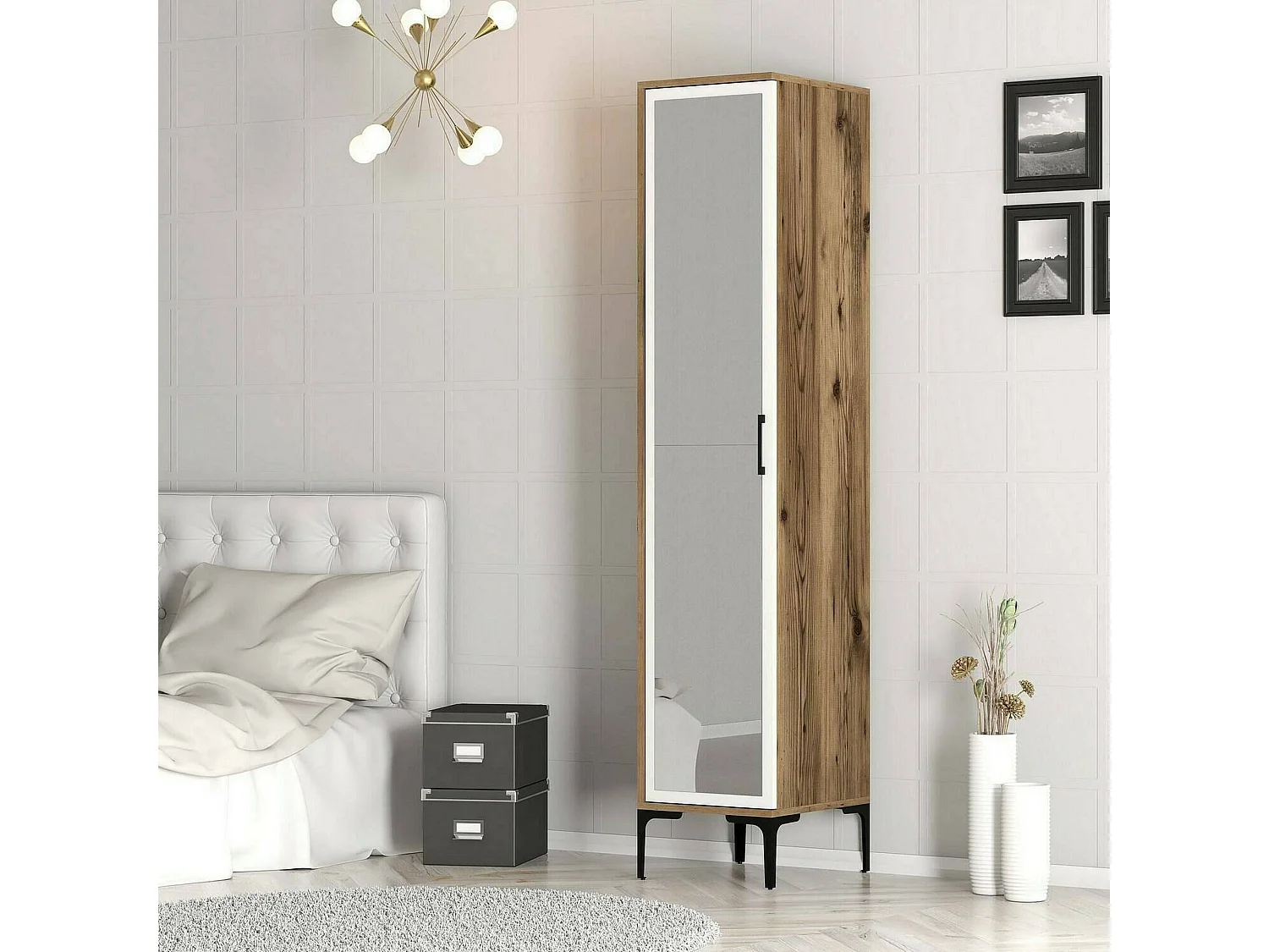 Armoire polyvalente 1 porte Dabadi, Élément mural de salle de bain, Armoire haute multifonctionnelle, Meuble polyvalente, 40x201h48 cm, Noyer et Blanc