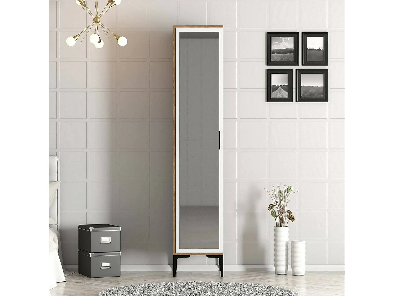 Armoire polyvalente 1 porte Dabadi, Élément mural de salle de bain, Armoire haute multifonctionnelle, Meuble polyvalente, 40x201h48 cm, Noyer et Blanc