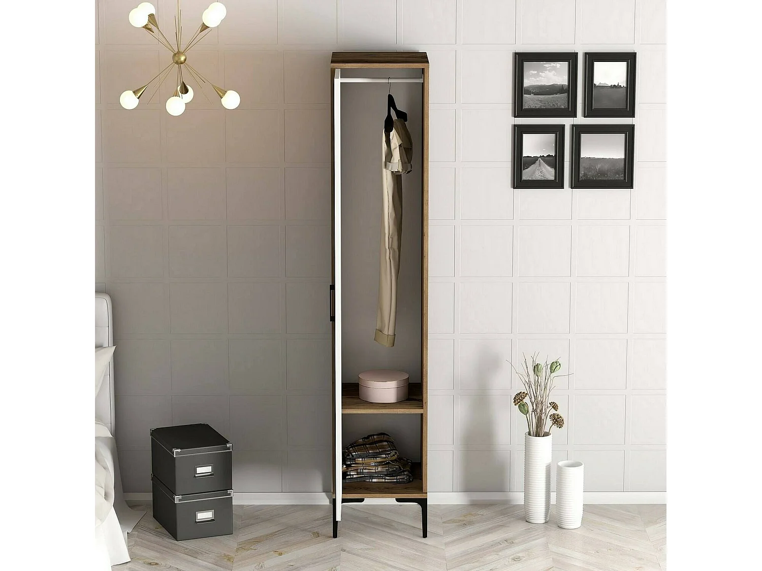 Armoire polyvalente 1 porte Dabadi, Élément mural de salle de bain, Armoire haute multifonctionnelle, Meuble polyvalente, 40x201h48 cm, Noyer et Blanc