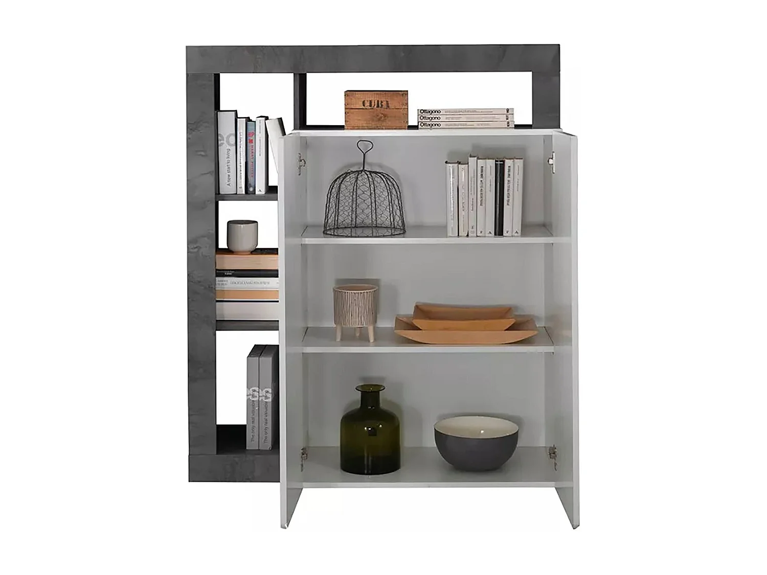 Buffet Dsmar, Buffet du salon, Commode de salon, Garde-manger de cuisine, Made in Italy, 108x42 h127 cm, Blanc brillant et ardoise