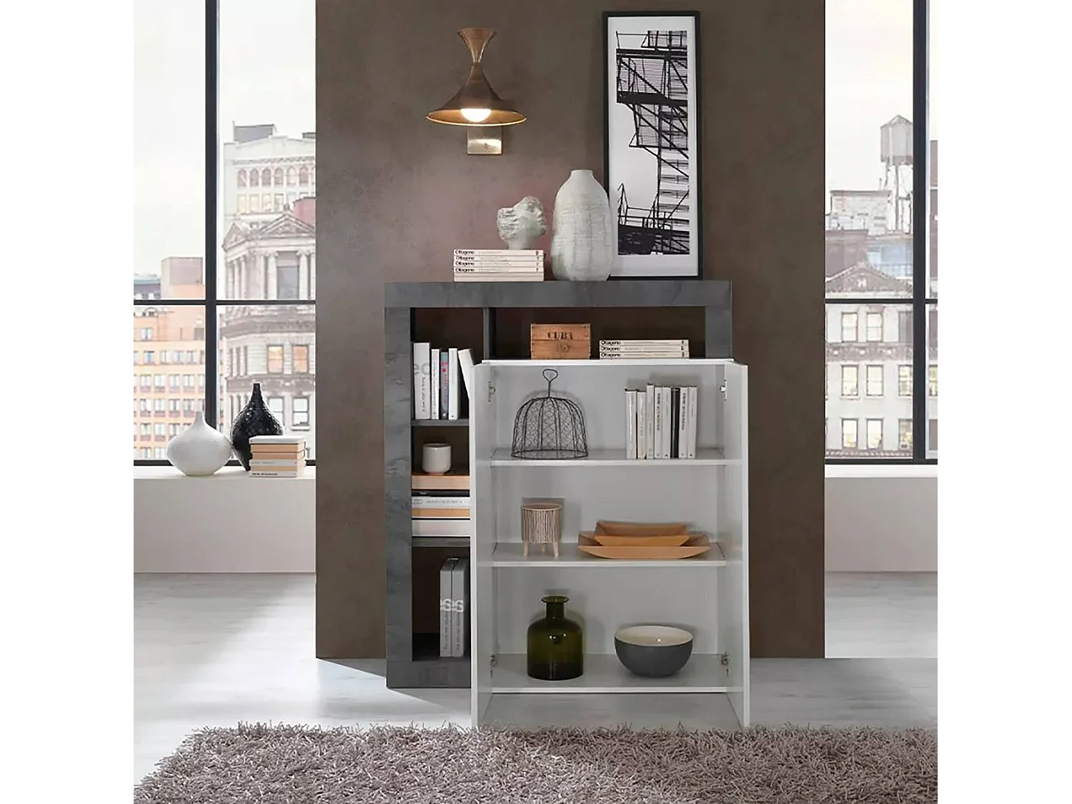 Dsmar Dressoir, Woonkamerbuffet, Woonkamerdressoir, Keukenkast, Made in Italy, 108x42 h127 cm, Glanzend wit en Leisteen