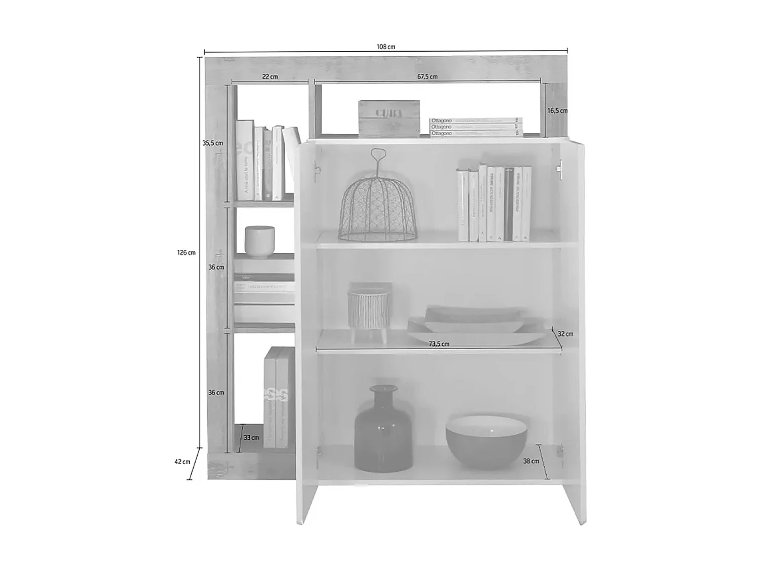 Buffet Dsmar, Buffet du salon, Commode de salon, Garde-manger de cuisine, Made in Italy, 108x42 h127 cm, Blanc brillant et ardoise