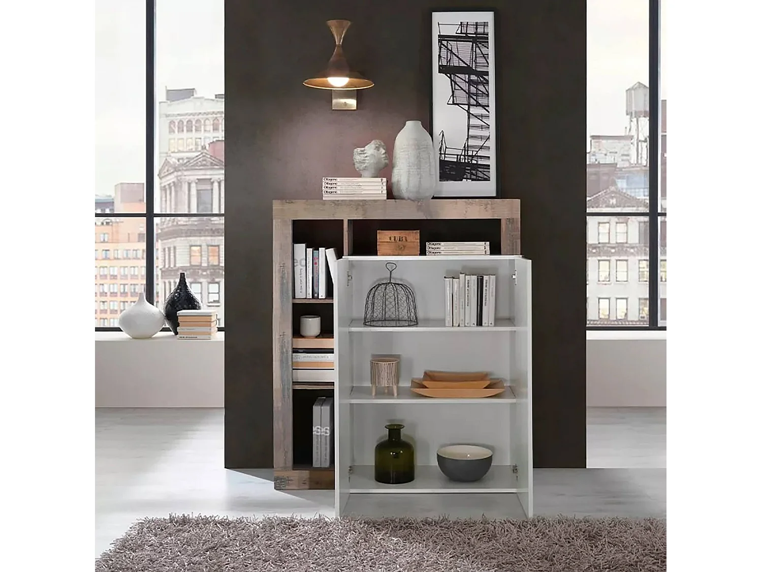 Buffet Dsmar, Buffet du salon, Commode de salon, Garde-manger de cuisine, Made in Italy, 108x42 h127 cm, Blanc brillant et Acacia