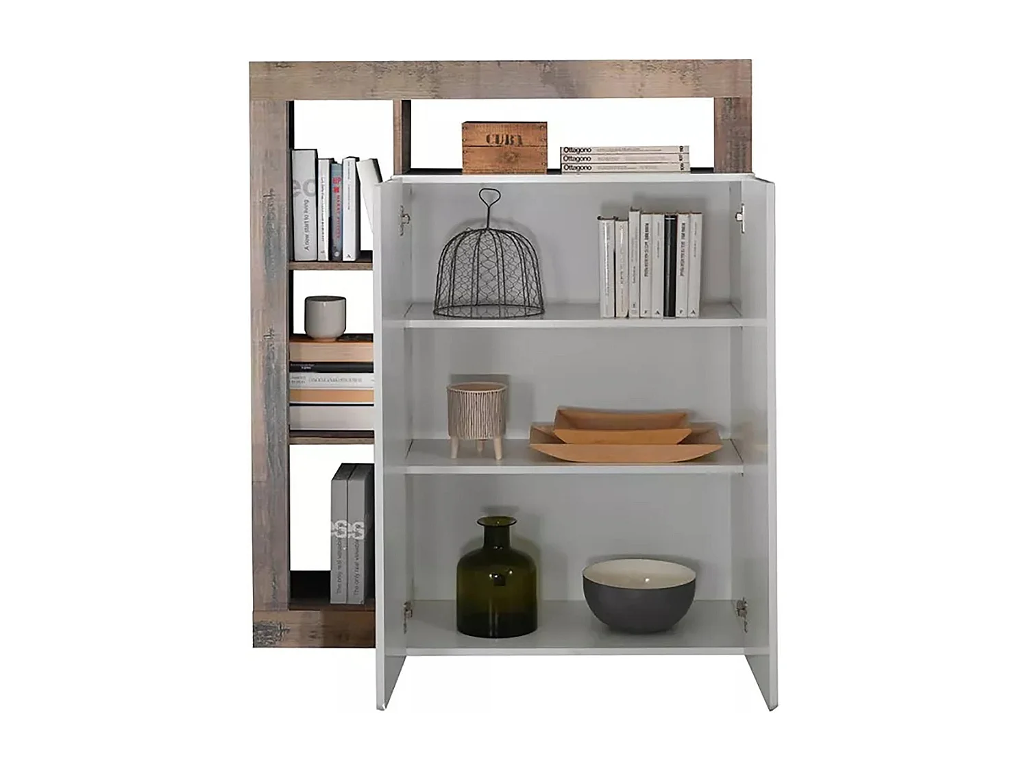 Buffet Dsmar, Buffet du salon, Commode de salon, Garde-manger de cuisine, Made in Italy, 108x42 h127 cm, Blanc brillant et Acacia