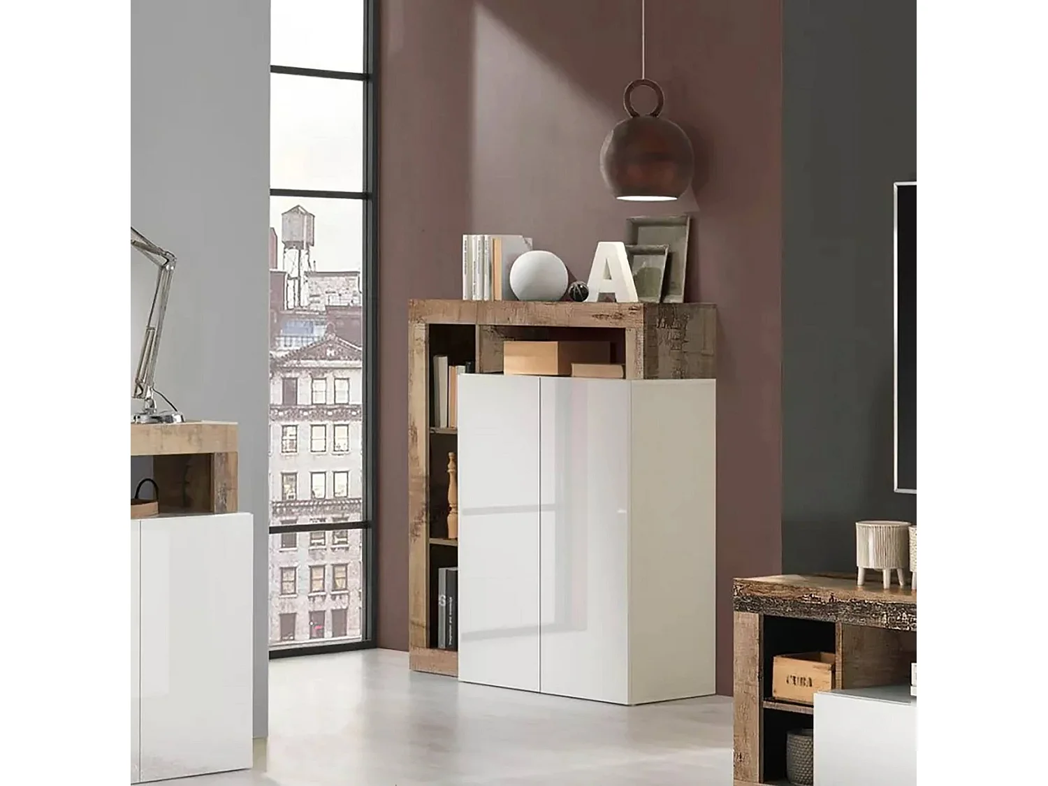 Buffet Dsmar, Buffet du salon, Commode de salon, Garde-manger de cuisine, Made in Italy, 108x42 h127 cm, Blanc brillant et Acacia