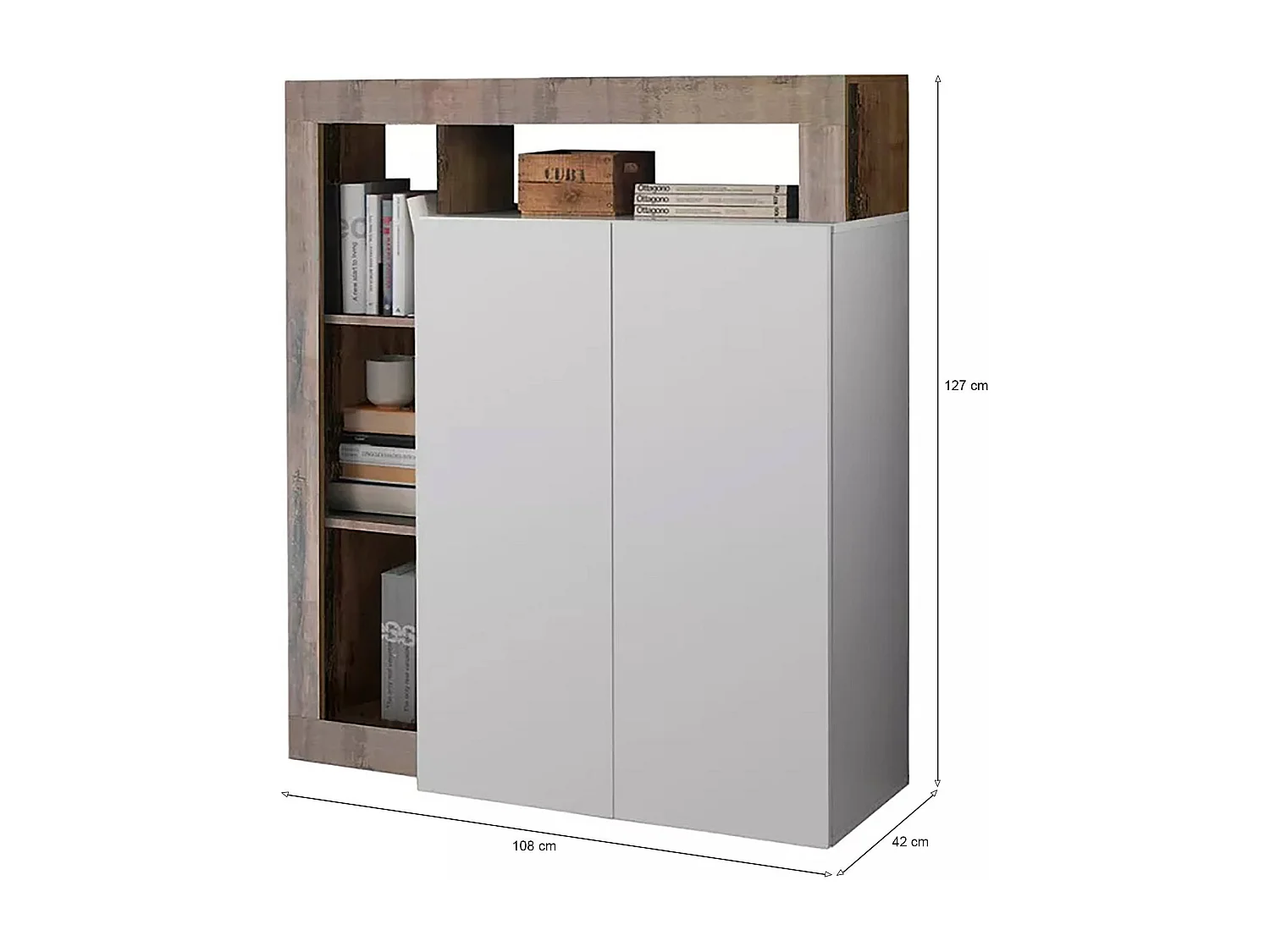 Buffet Dsmar, Buffet du salon, Commode de salon, Garde-manger de cuisine, Made in Italy, 108x42 h127 cm, Blanc brillant et Acacia