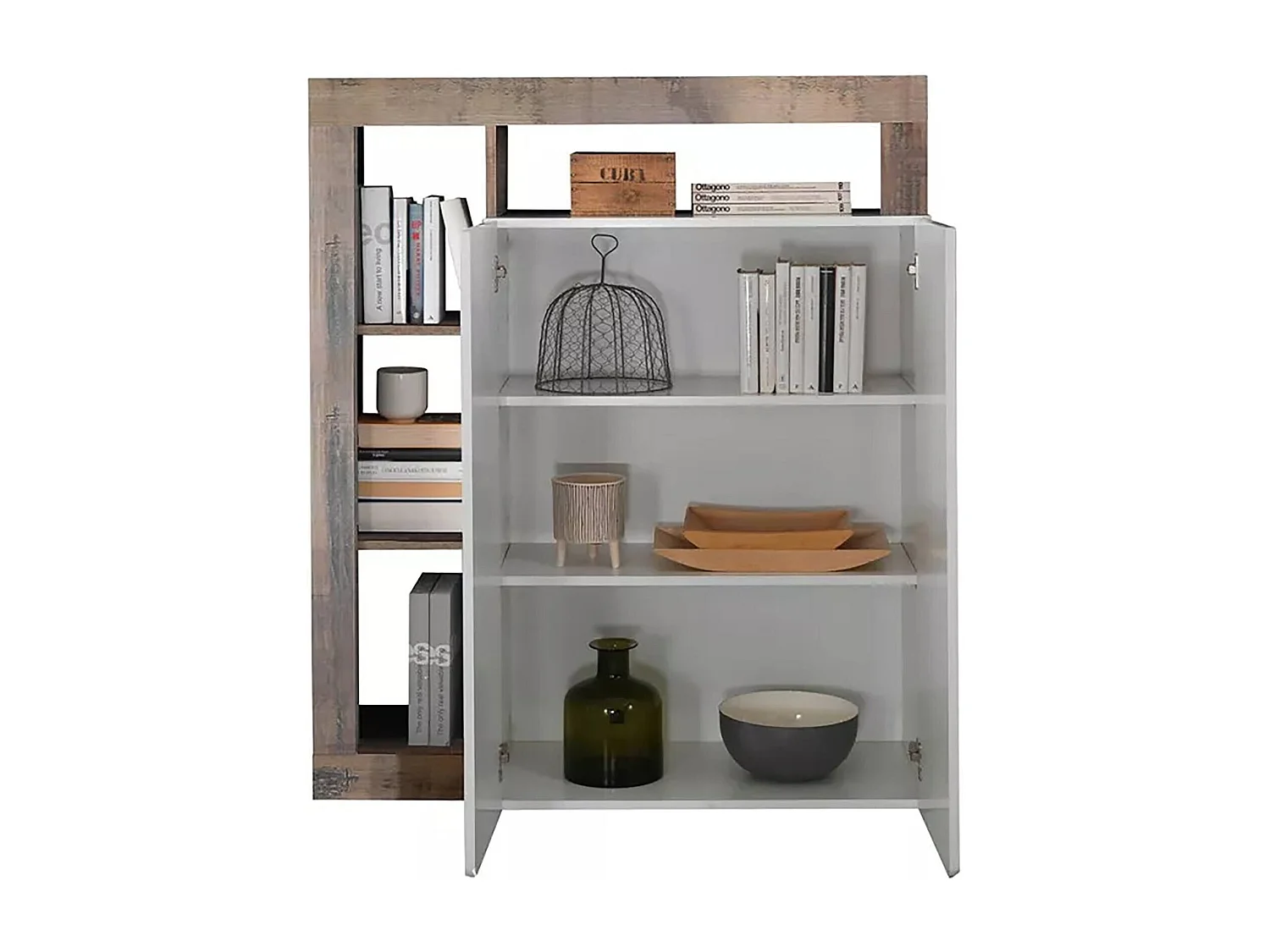 Buffet Dsmar, Buffet du salon, Commode de salon, Garde-manger de cuisine, Made in Italy, 108x42 h127 cm, Blanc brillant et Acacia