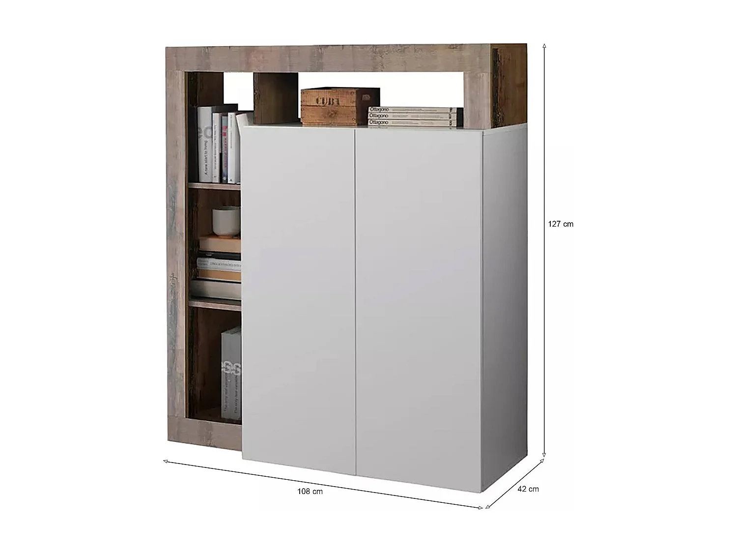 Kommode Dsmar, Wohnzimmerbuffet, Wohnzimmer-Sideboard, Moderne Küchen-Speisekammer, Made in Italy, 108x42 h127 cm, Glänzendes WeiÃŸ und Akazie