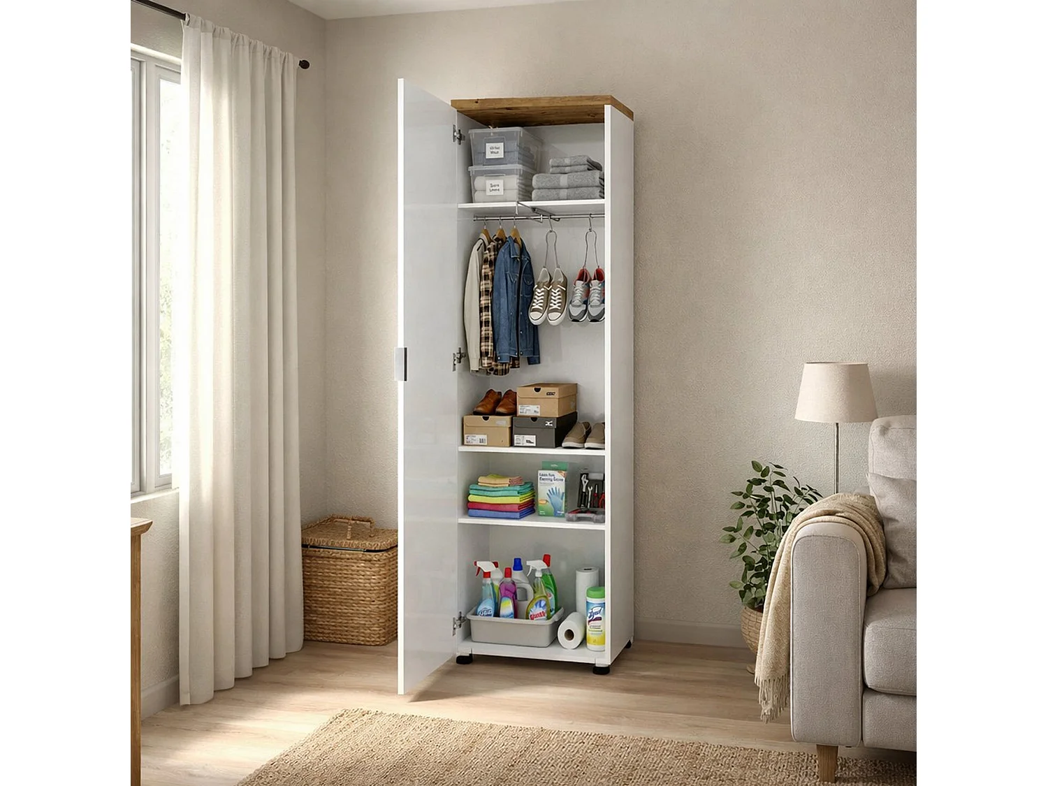 Armadio Multiuso 1 Anta Tani, Appendiabiti Made in Italy, 40x190h cm Bianco Lucido