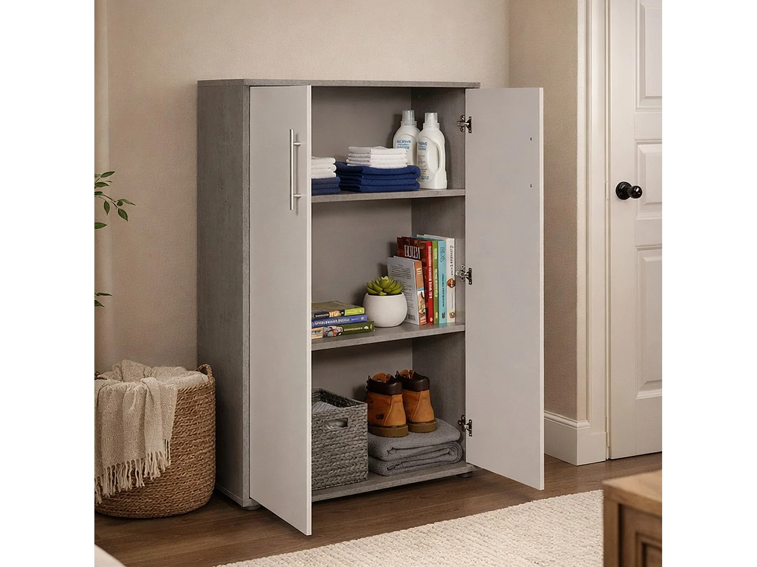 Dpazzin multifunctionele kledingkast met 2 deuren, extra kast, schoenenkast, multifunctionele boekenkast met 2 deuren, 79x34h118 cm, cement en wit