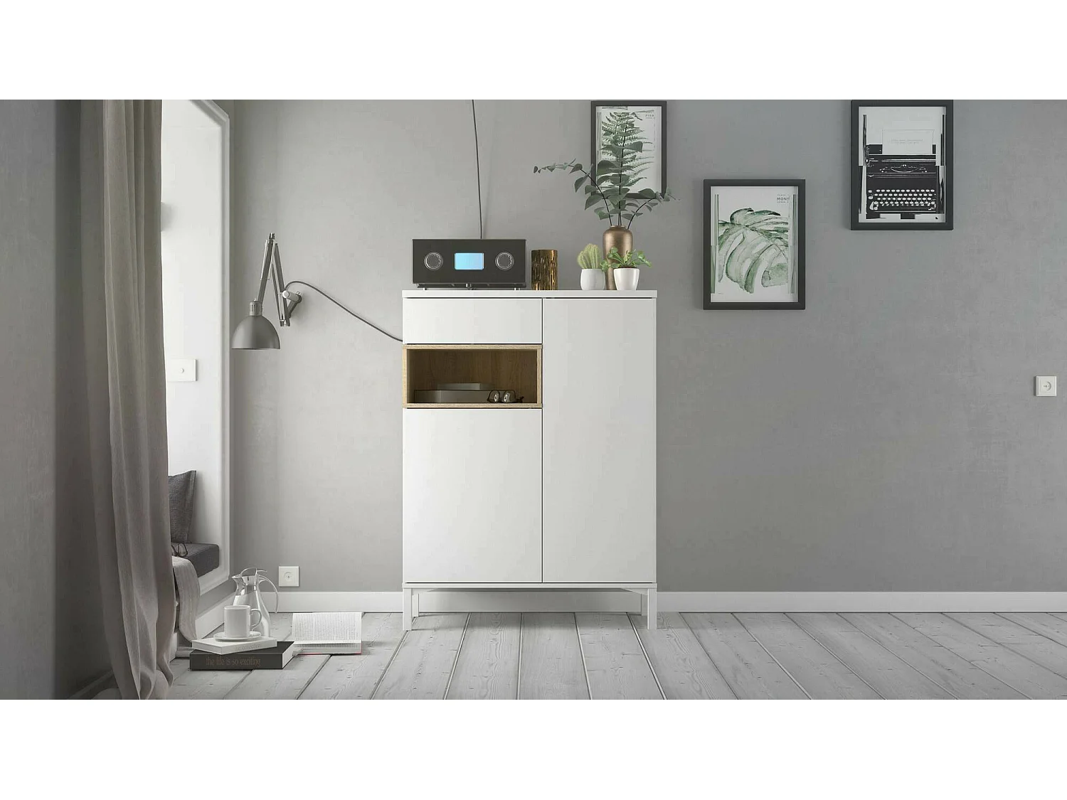 Buffet Dsantan, Buffet du salon, Commode de salon, Garde-manger de cuisine, 89x36 h119 cm, Blanc et chêne