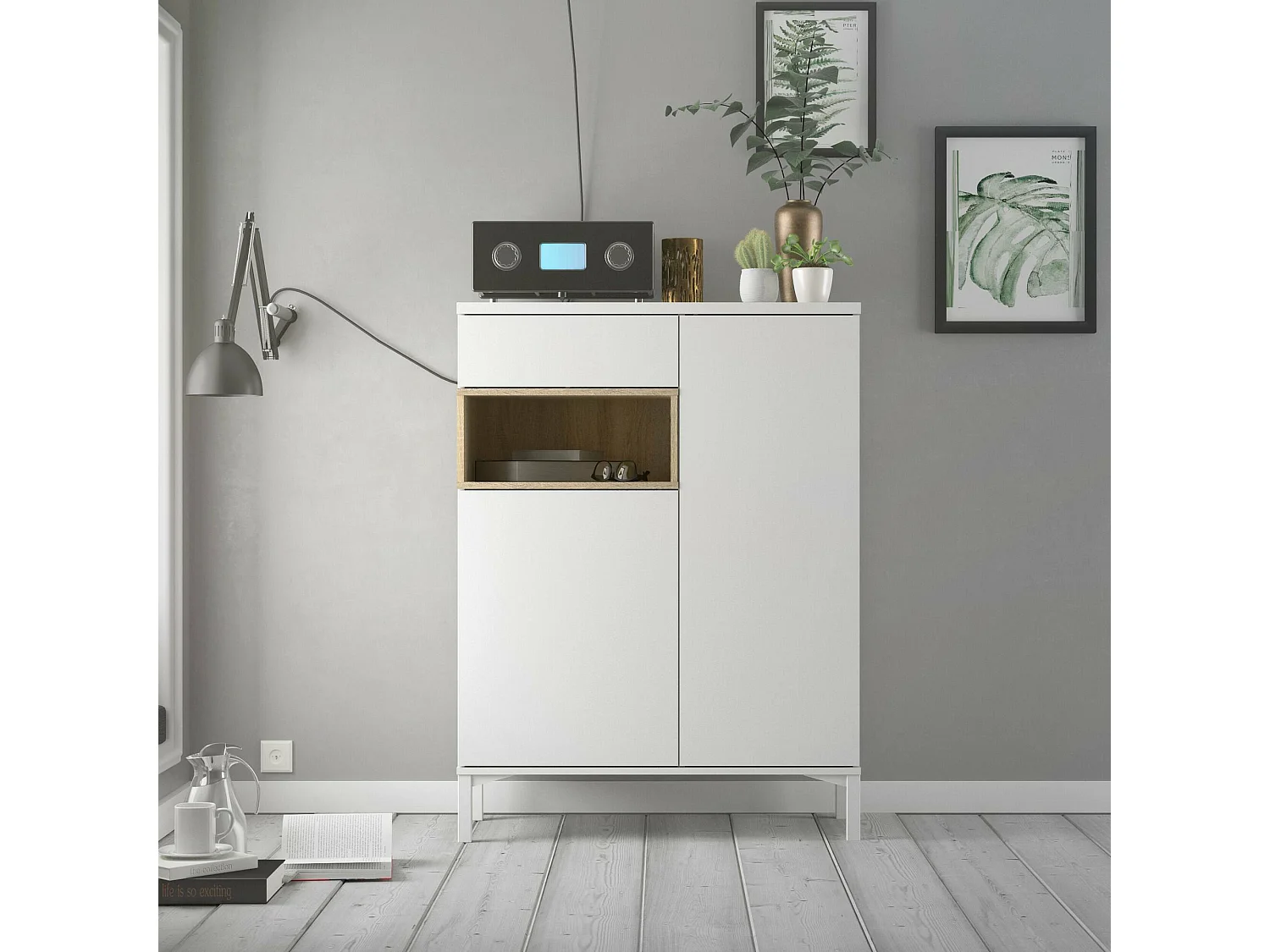 Buffet Dsantan, Buffet du salon, Commode de salon, Garde-manger de cuisine, 89x36 h119 cm, Blanc et chêne