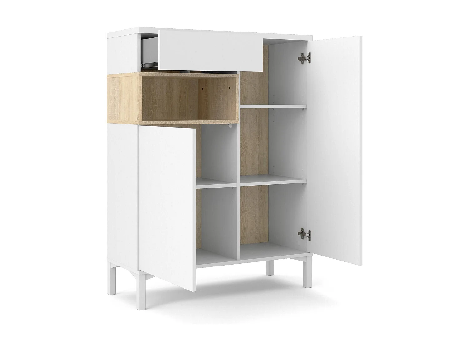 Buffet Dsantan, Buffet du salon, Commode de salon, Garde-manger de cuisine, 89x36 h119 cm, Blanc et chêne