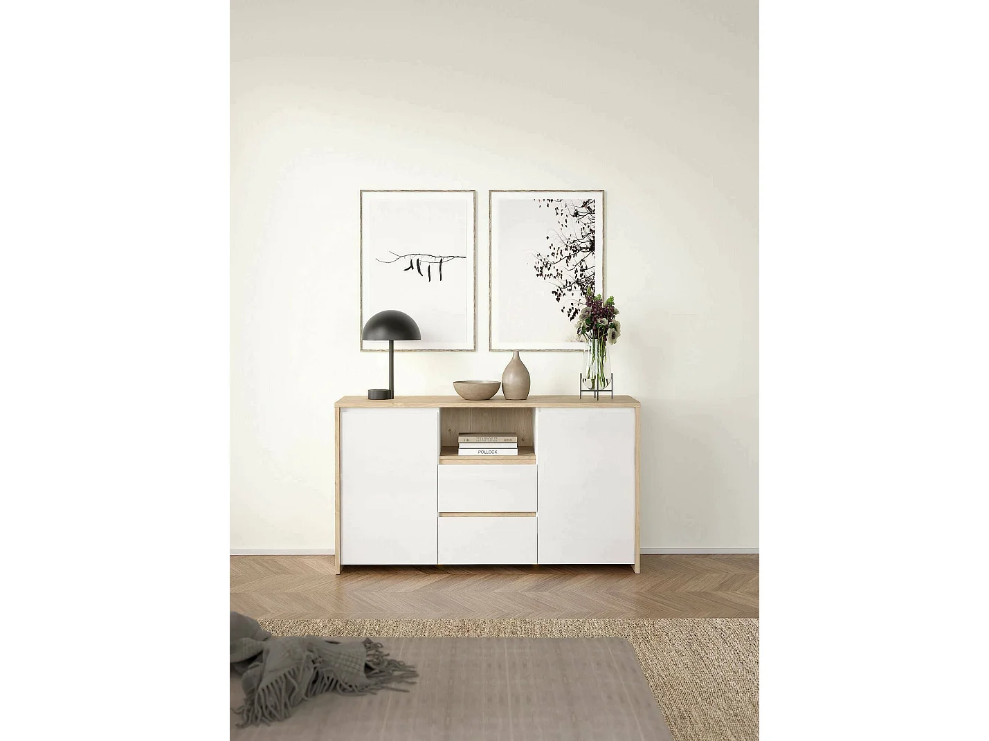 Buffet Dsalva, Buffet du salon, Commode de salon, Garde-manger de cuisine, 149x48 h84 cm, Chêne clair et Blanc