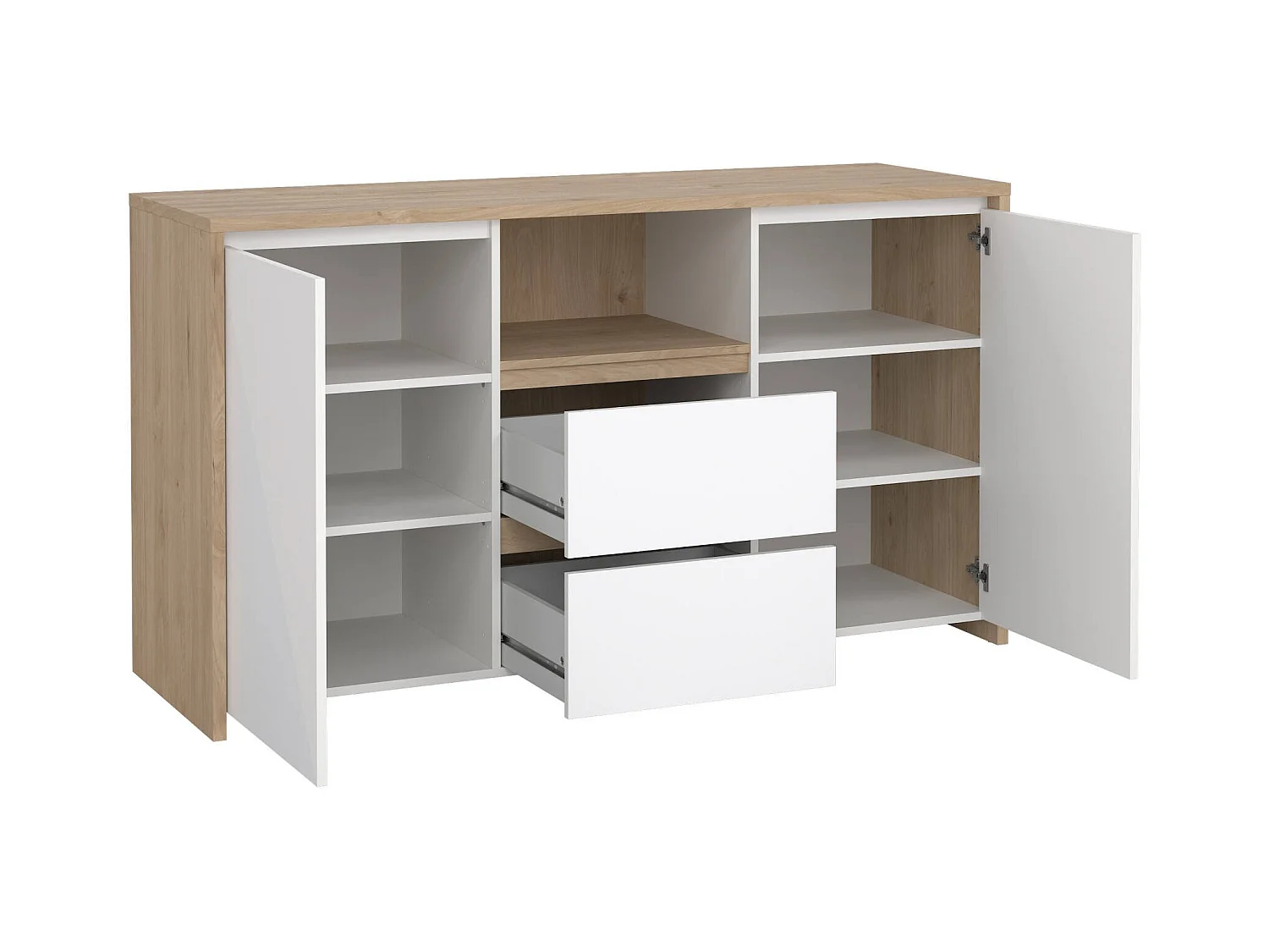 Buffet Dsalva, Buffet du salon, Commode de salon, Garde-manger de cuisine, 149x48 h84 cm, Chêne clair et Blanc