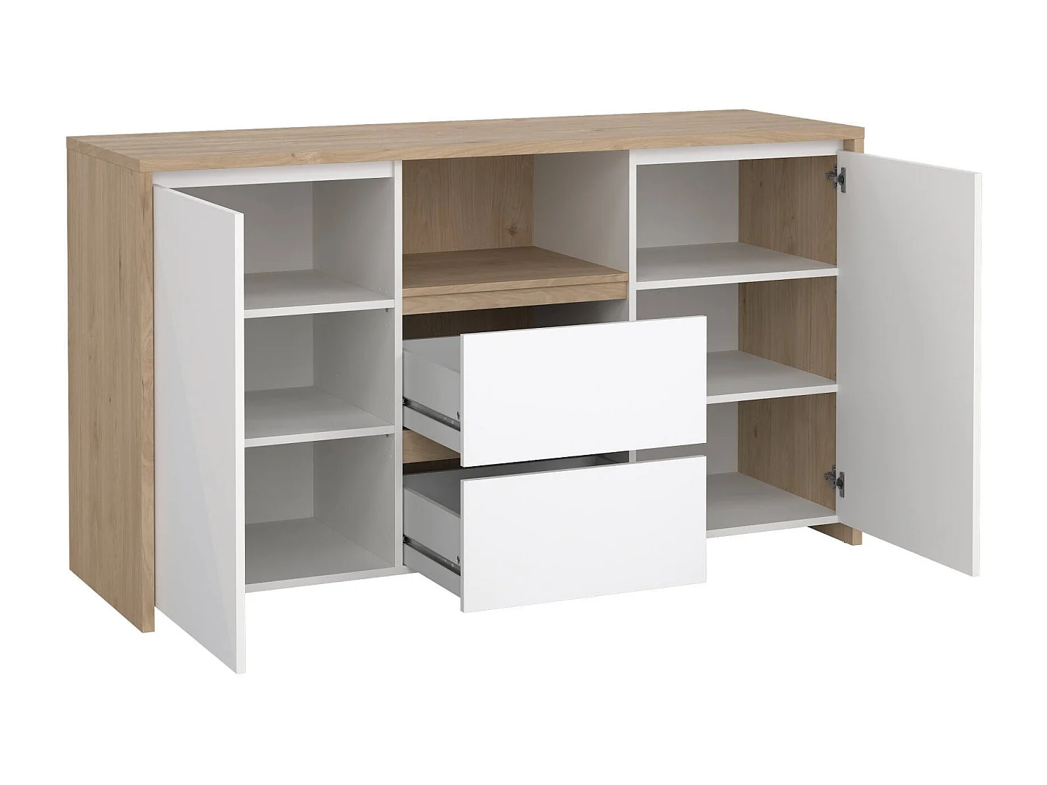 Buffet Dsalva, Buffet du salon, Commode de salon, Garde-manger de cuisine, 149x48 h84 cm, Chêne clair et Blanc