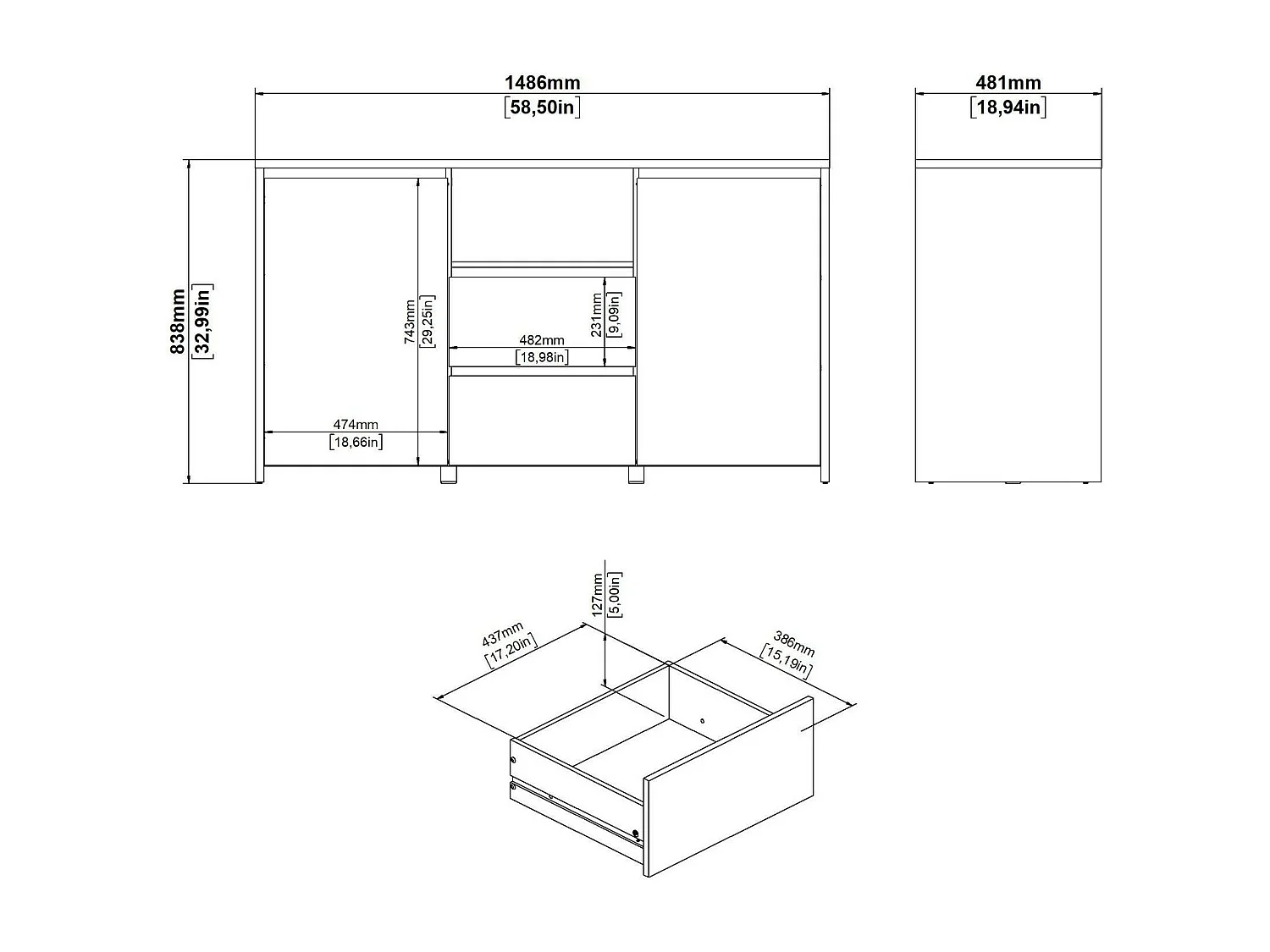 Buffet Dsalva, Buffet du salon, Commode de salon, Garde-manger de cuisine, 149x48 h84 cm, Chêne clair et Blanc