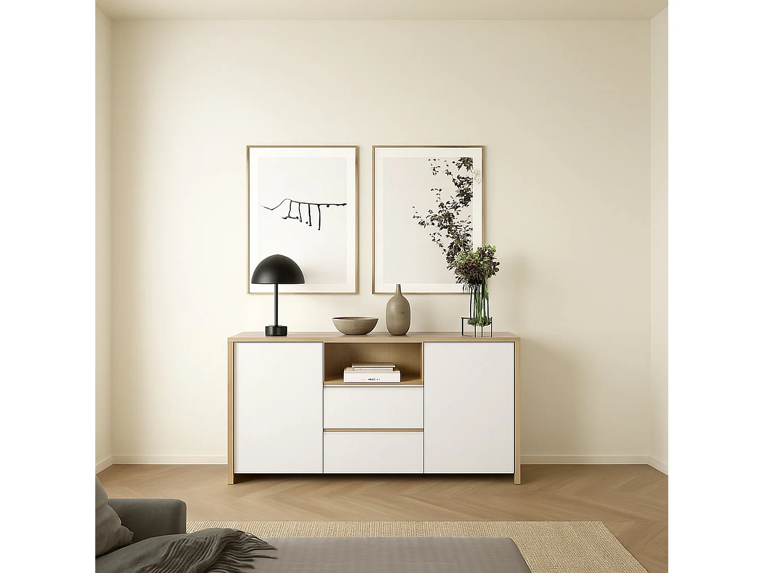 Buffet Dsalva, Buffet du salon, Commode de salon, Garde-manger de cuisine, 149x48 h84 cm, Chêne clair et Blanc