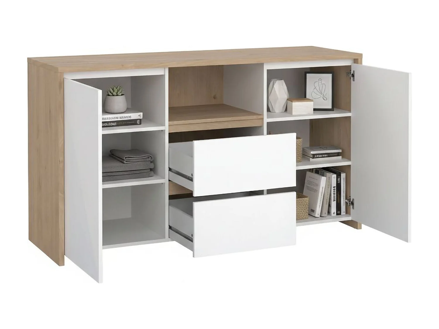 Aparador Dsalva, Buffet de sala, Aparador de sala, Despensa de cozinha, 149x48 h84 cm, Carvalho e Branco
