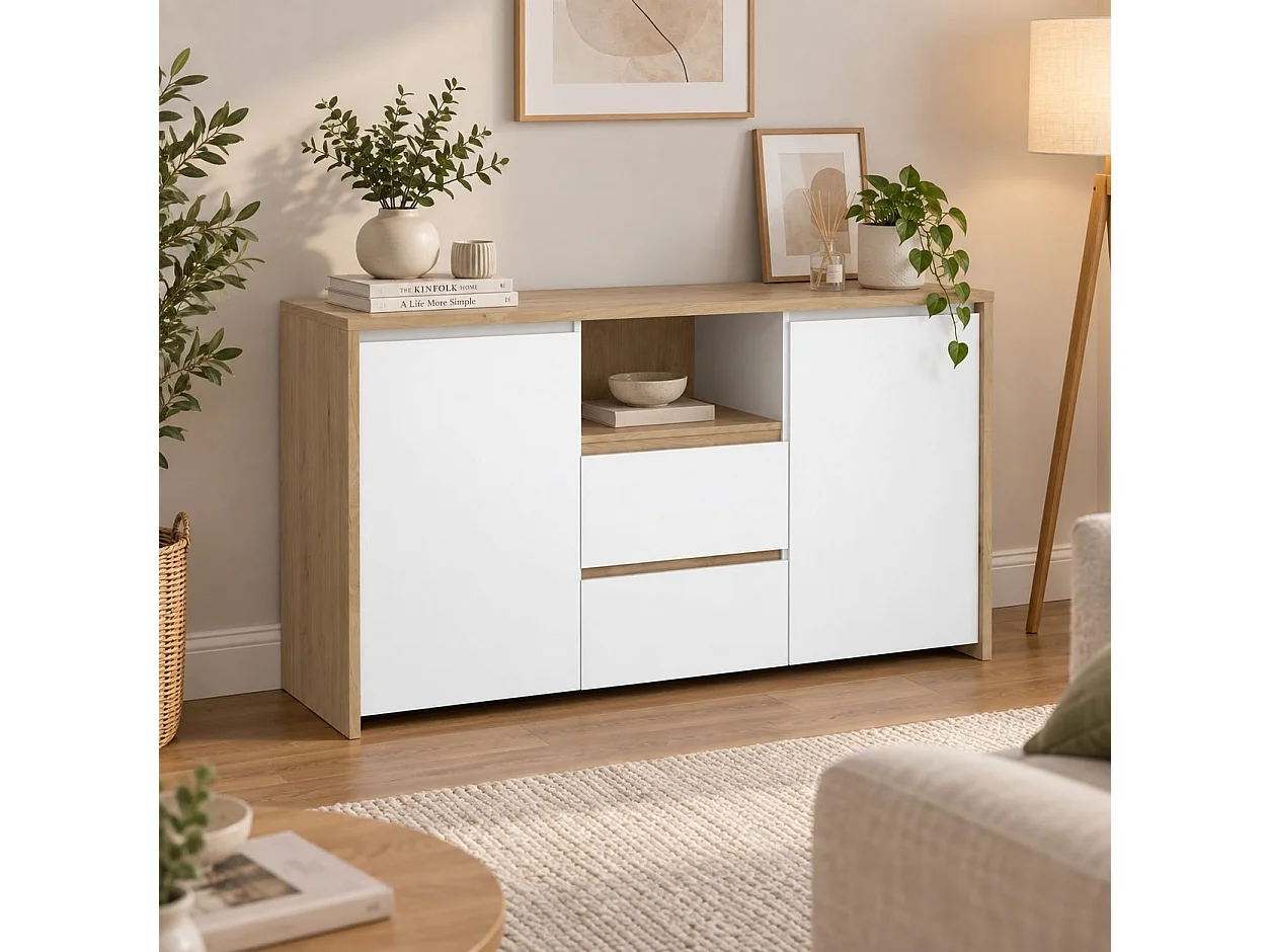 Aparador Dsalva, Buffet de sala, Aparador de sala, Despensa de cozinha, 149x48 h84 cm, Carvalho e Branco