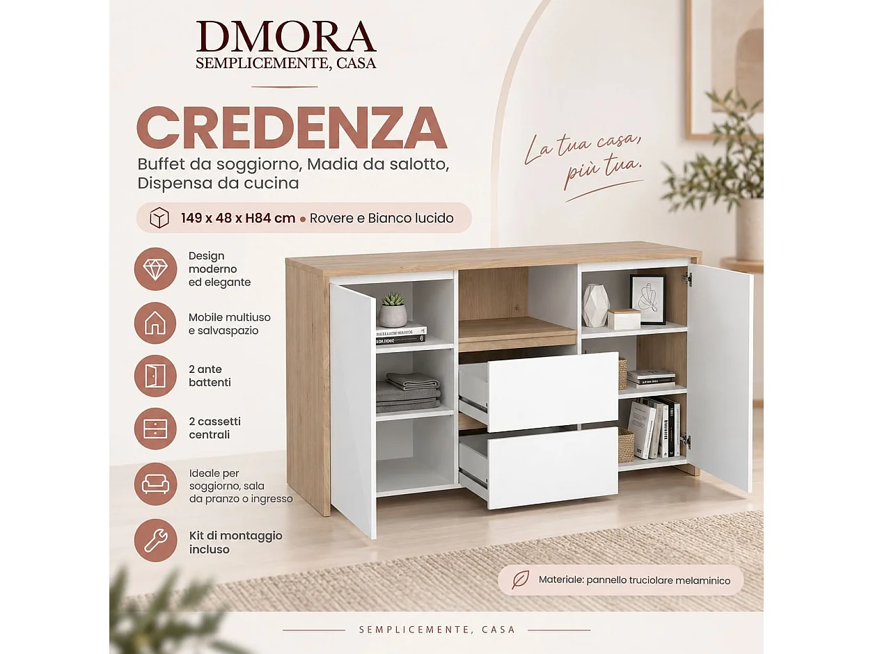 Aparador Dsalva, Buffet de sala, Aparador de sala, Despensa de cozinha, 149x48 h84 cm, Carvalho e Branco