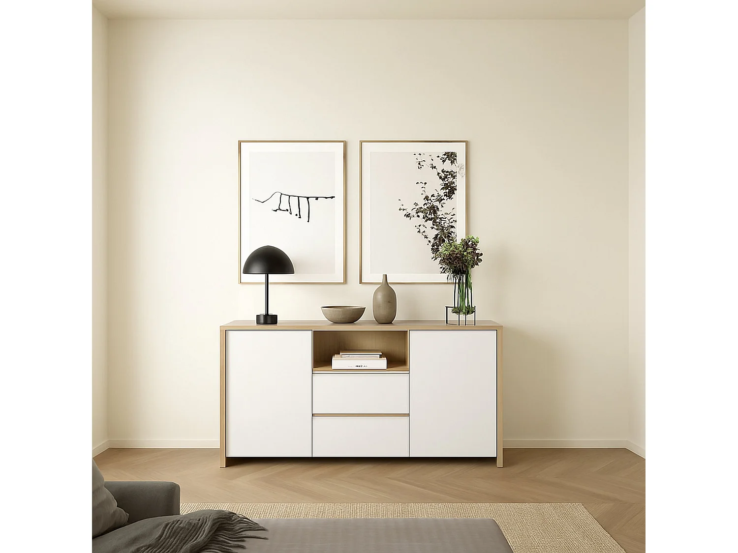 Aparador Dsalva, Buffet de sala, Aparador de sala, Despensa de cozinha, 149x48 h84 cm, Carvalho e Branco